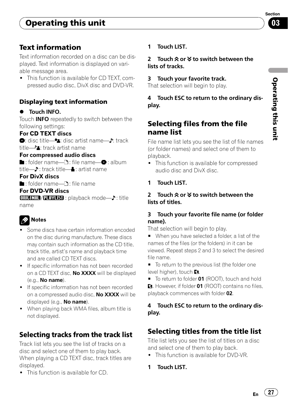 Text information 27, Selecting tracks from the track list 27, Selecting files from the file name | List, Selecting titles from the title list 27, Operating this unit, Text information, Selecting tracks from the track list, Selecting files from the file name list, Selecting titles from the title list | Pioneer AVH-P4000DVD User Manual | Page 27 / 96