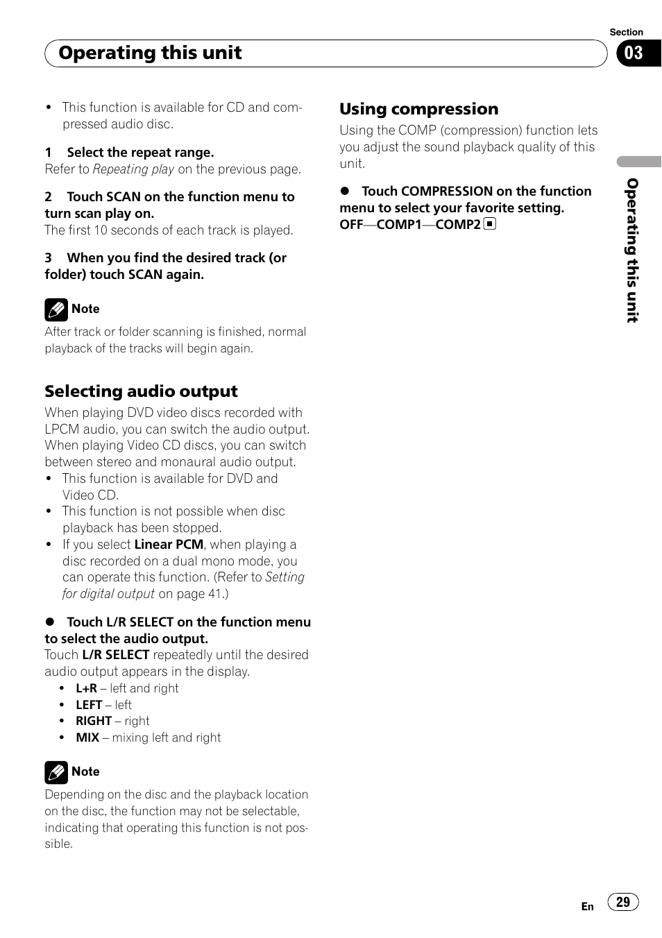 Selecting audio output 29, Using compression 29, Operating this unit | Selecting audio output, Using compression | Pioneer AVH-P4000DVD User Manual | Page 29 / 96