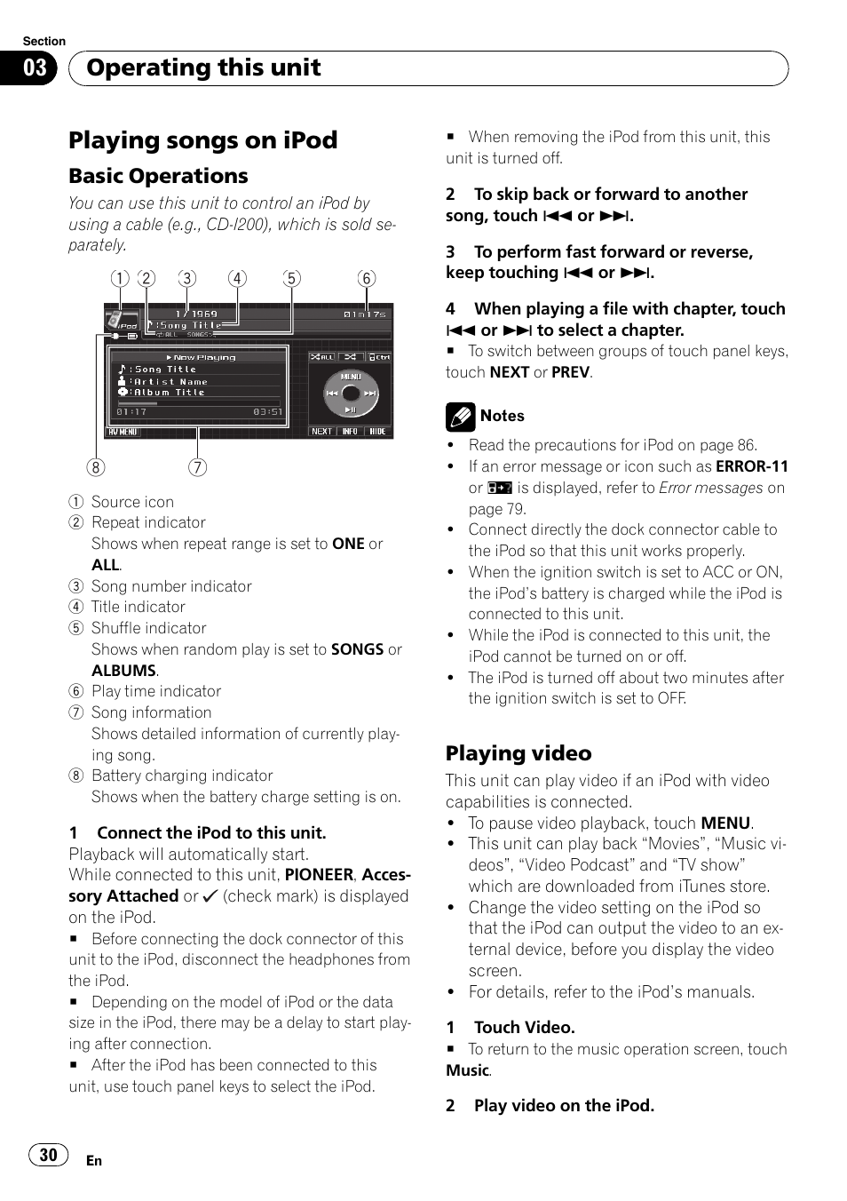 Playing songs on ipod, Basic operations 30, Playing video 30 | Operating this unit | Pioneer AVH-P4000DVD User Manual | Page 30 / 96