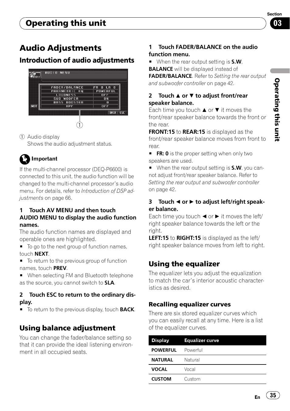 Audio adjustments, Introduction of audio adjustments 35, Using balance adjustment 35 | Using the equalizer 35, Operating this unit, Introduction of audio adjustments, Using balance adjustment, Using the equalizer | Pioneer AVH-P4000DVD User Manual | Page 35 / 96