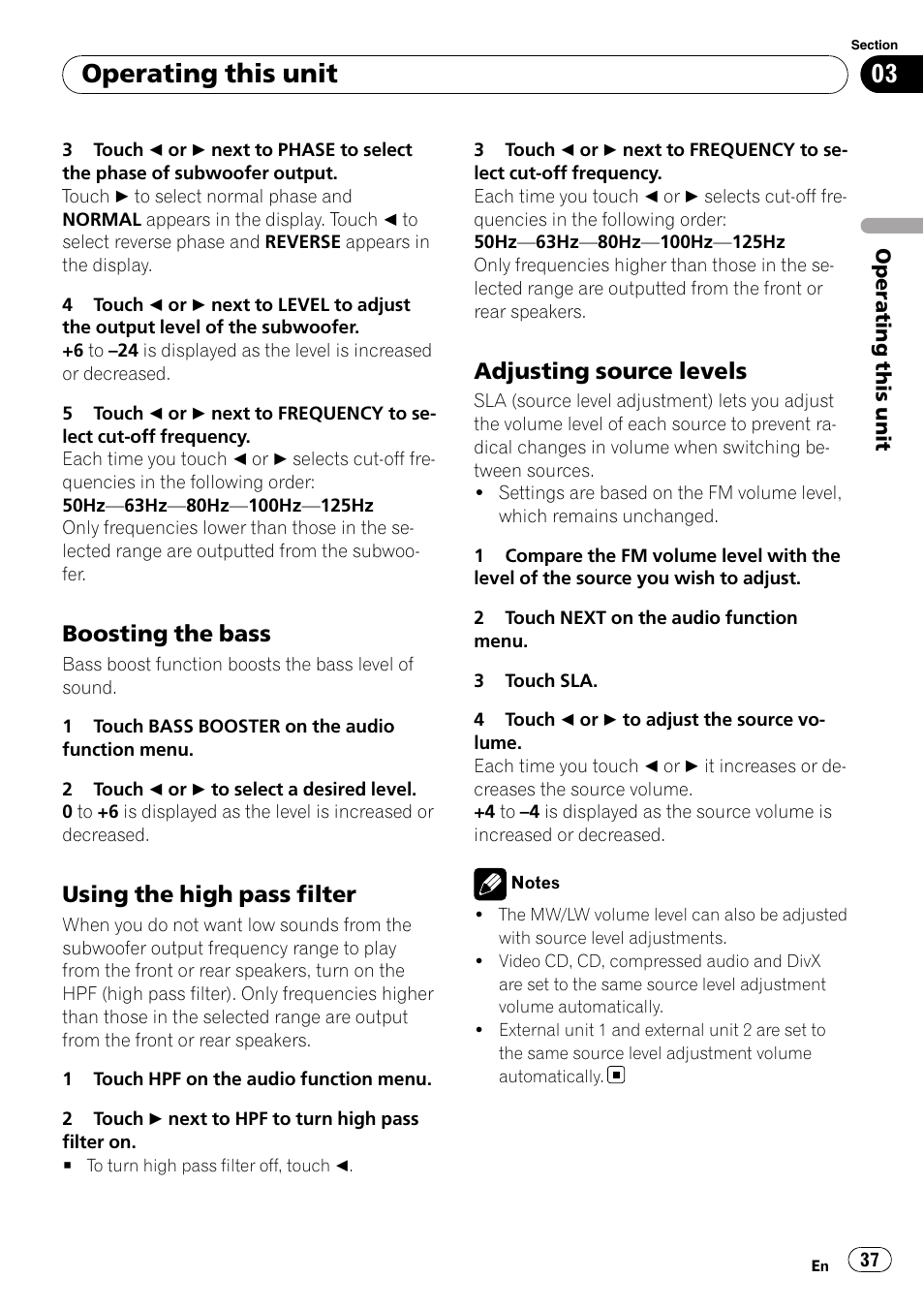 Boosting the bass 37, Using the high pass filter 37, Adjusting source levels 37 | Operating this unit, Boosting the bass, Using the high pass filter, Adjusting source levels | Pioneer AVH-P4000DVD User Manual | Page 37 / 96