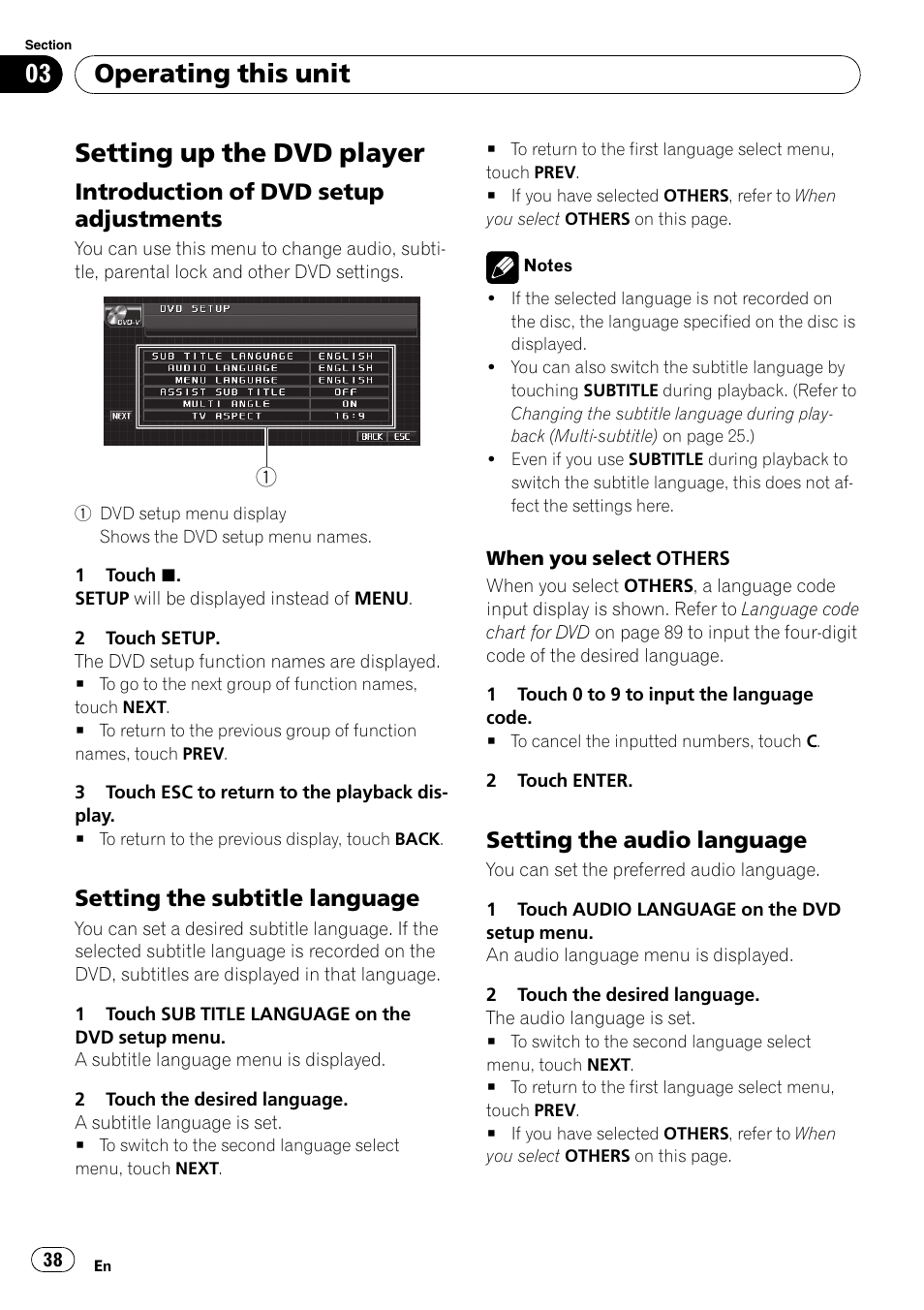 Setting up the dvd player, Introduction of dvd setup, Adjustments | Setting the subtitle language 38, Setting the audio language 38, Operating this unit, Introduction of dvd setup adjustments, Setting the subtitle language, Setting the audio language | Pioneer AVH-P4000DVD User Manual | Page 38 / 96