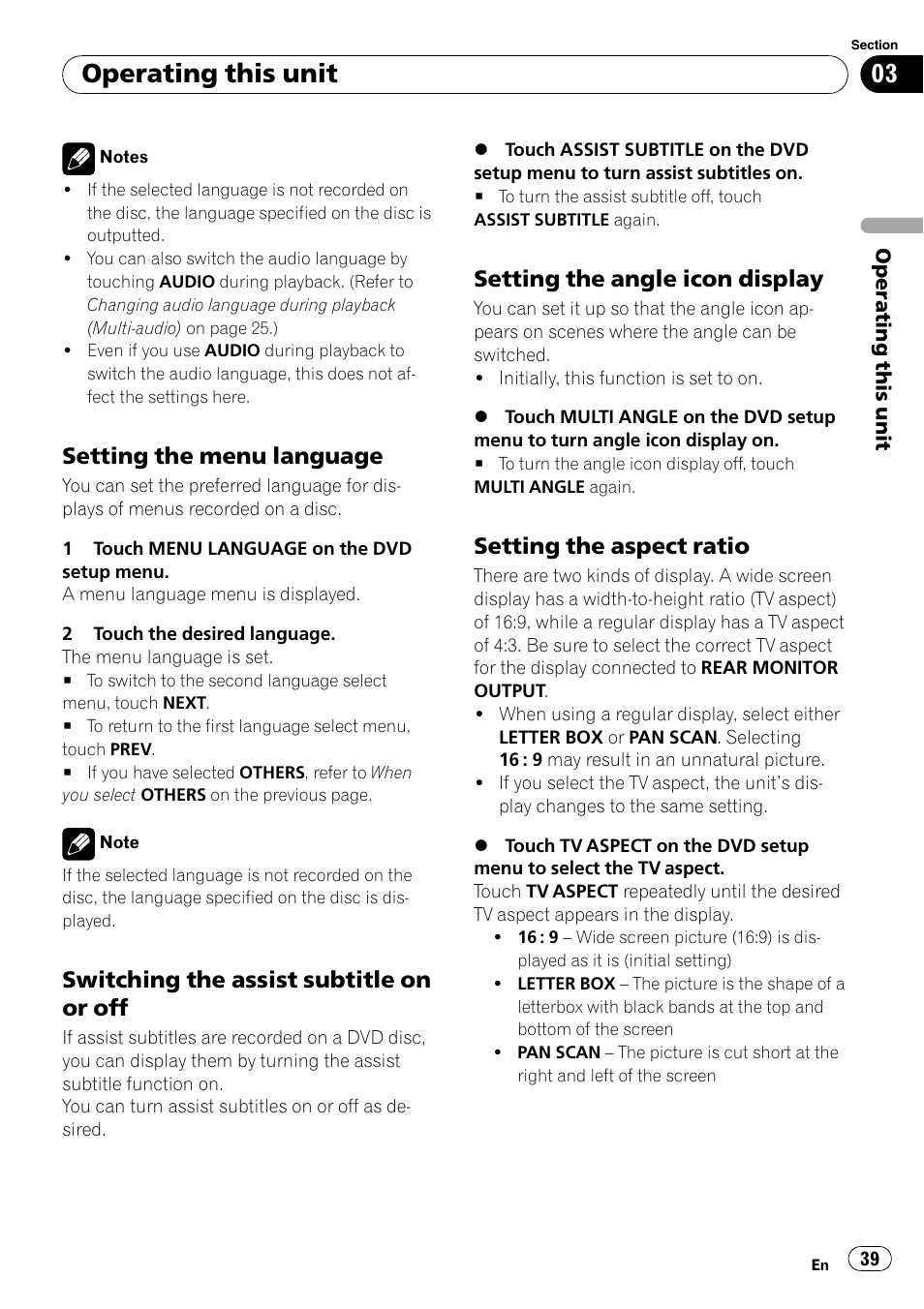 Setting the menu language 39, Switching the assist subtitle on or, Setting the angle icon display 39 | Setting the aspect ratio 39, Operating this unit, Setting the menu language, Switching the assist subtitle on or off, Setting the angle icon display, Setting the aspect ratio | Pioneer AVH-P4000DVD User Manual | Page 39 / 96