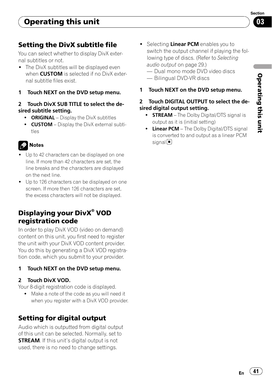 Setting the divx subtitle file 41, Displaying your divx® vod, Registration code | Setting for digital output 41, Operating this unit, Setting the divx subtitle file, Displaying your divx, Vod registration code, Setting for digital output | Pioneer AVH-P4000DVD User Manual | Page 41 / 96