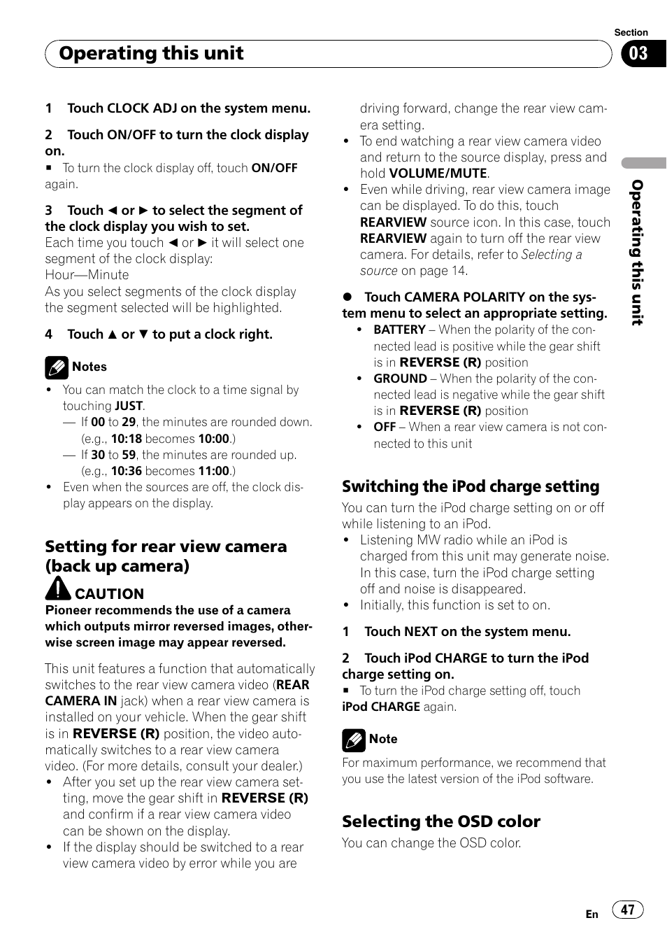 Setting for rear view camera (back up, Camera), Switching the ipod charge setting 47 | Selecting the osd color 47, Operating this unit, Setting for rear view camera (back up camera), Switching the ipod charge setting, Selecting the osd color | Pioneer AVH-P4000DVD User Manual | Page 47 / 96