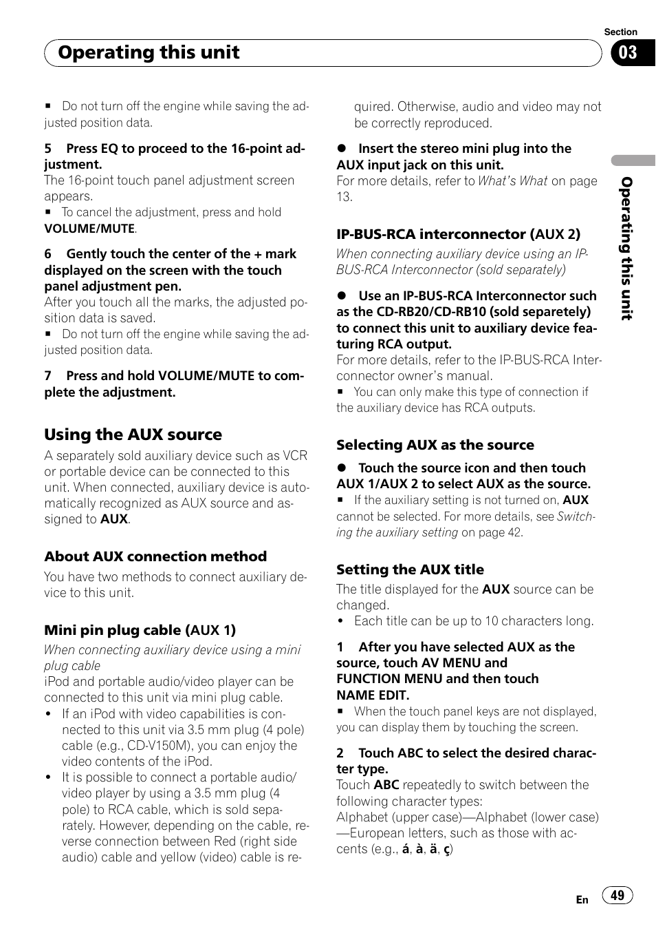 Using the aux source 49, Operating this unit, Using the aux source | Pioneer AVH-P4000DVD User Manual | Page 49 / 96