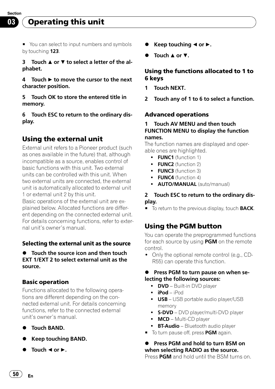 Using the external unit 50, Using the pgm button 50, Operating this unit | Using the external unit, Using the pgm button | Pioneer AVH-P4000DVD User Manual | Page 50 / 96