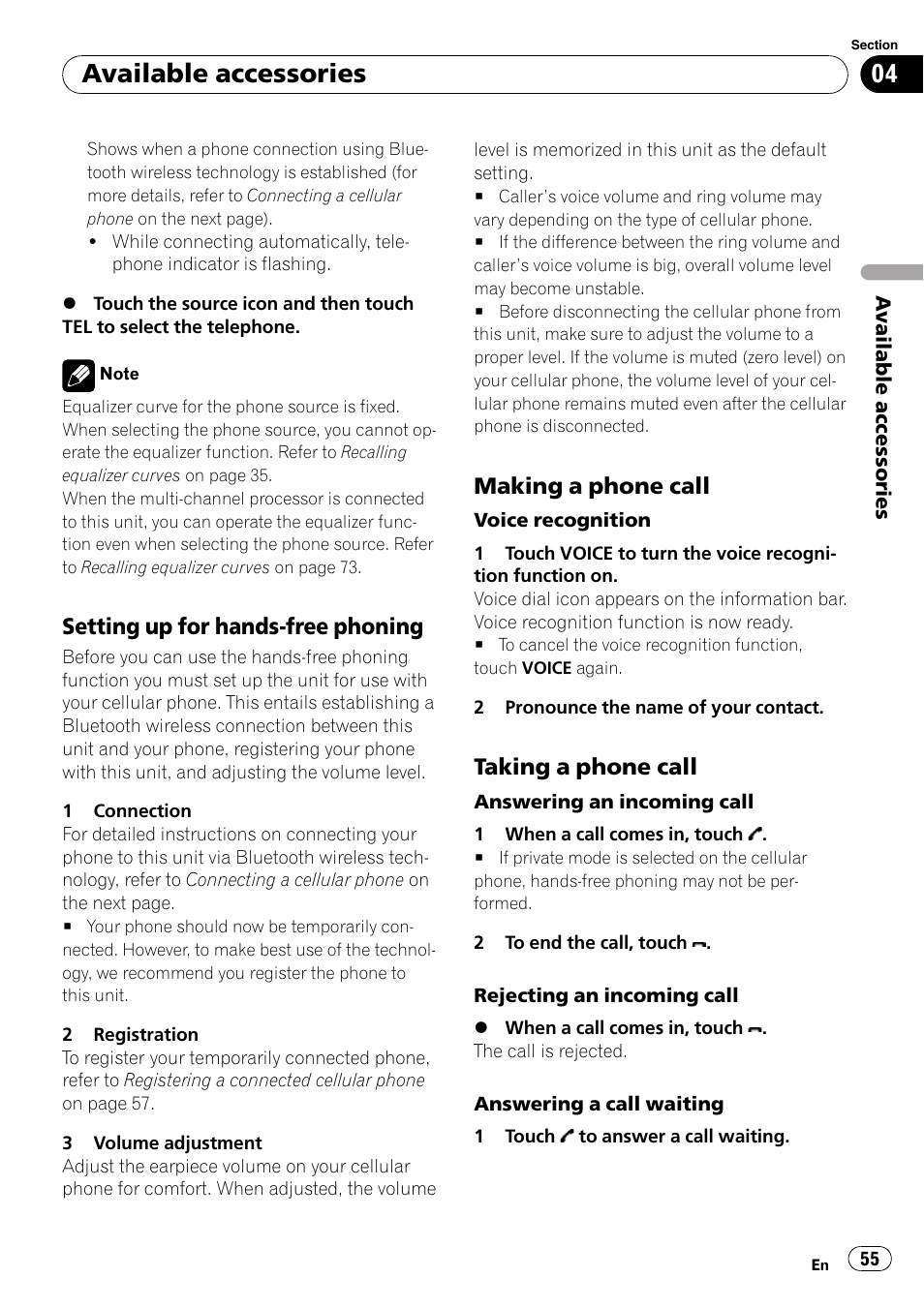 Setting up for hands-free phoning 55, Making a phone call 55, Taking a phone call 55 | Available accessories, Setting up for hands-free phoning, Making a phone call, Taking a phone call | Pioneer AVH-P4000DVD User Manual | Page 55 / 96