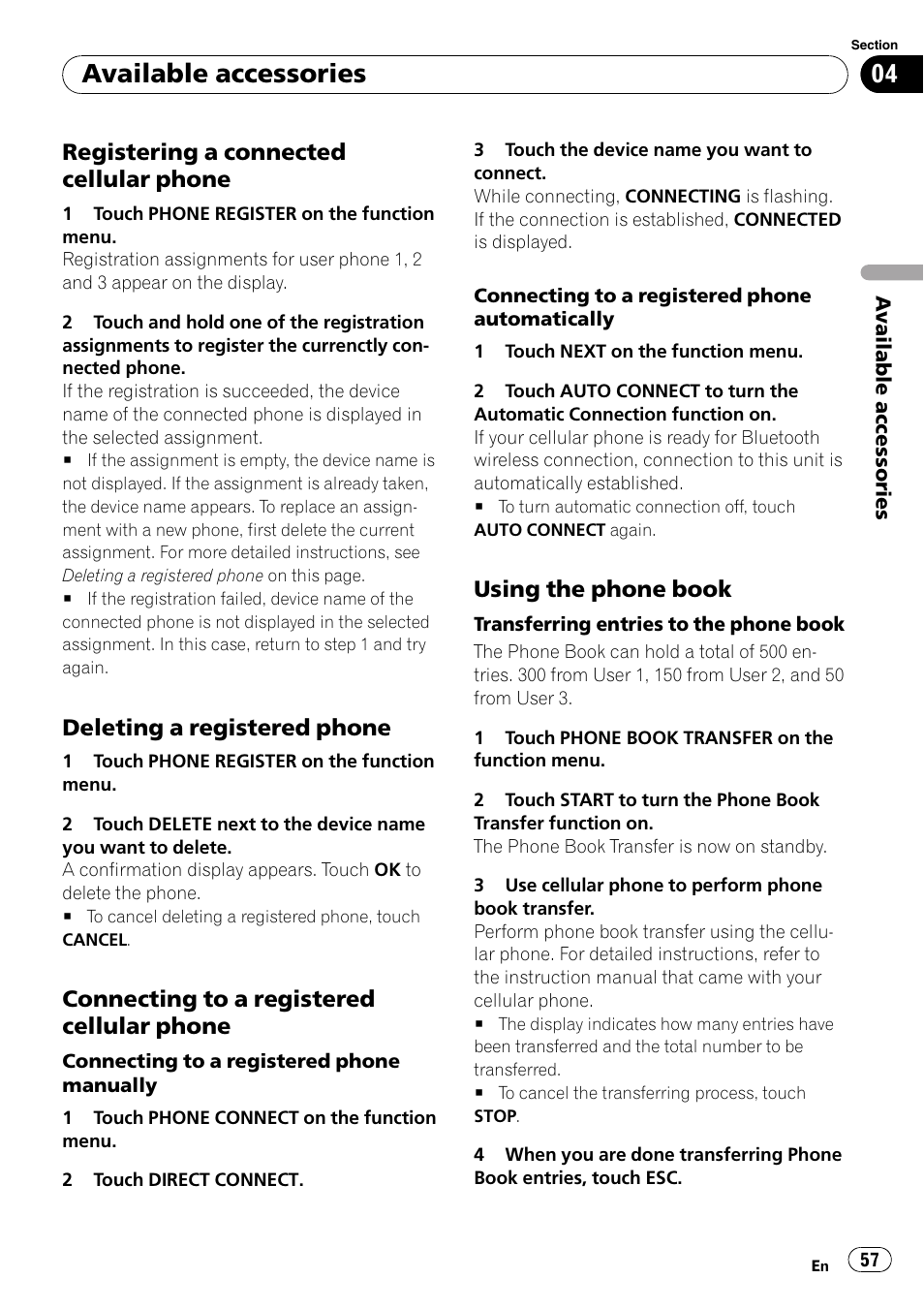 Registering a connected cellular, Phone, Deleting a registered phone 57 | Connecting to a registered cellular, Using the phone book 57, Available accessories, Registering a connected cellular phone, Deleting a registered phone, Connecting to a registered cellular phone, Using the phone book | Pioneer AVH-P4000DVD User Manual | Page 57 / 96