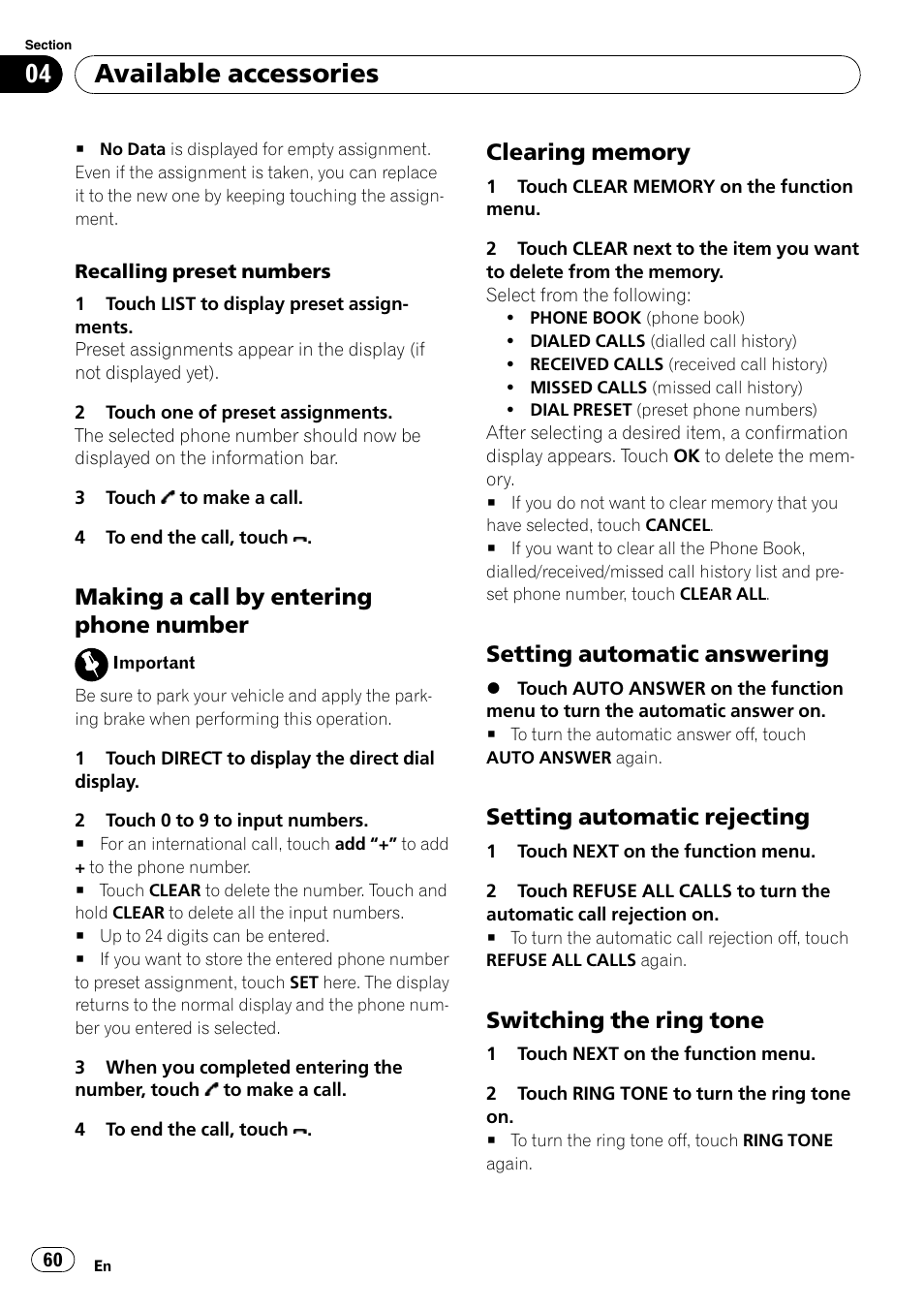 Making a call by entering phone, Number, Clearing memory 60 | Setting automatic answering 60, Setting automatic rejecting 60, Switching the ring tone 60, Available accessories, Making a call by entering phone number, Setting automatic answering, Setting automatic rejecting | Pioneer AVH-P4000DVD User Manual | Page 60 / 96