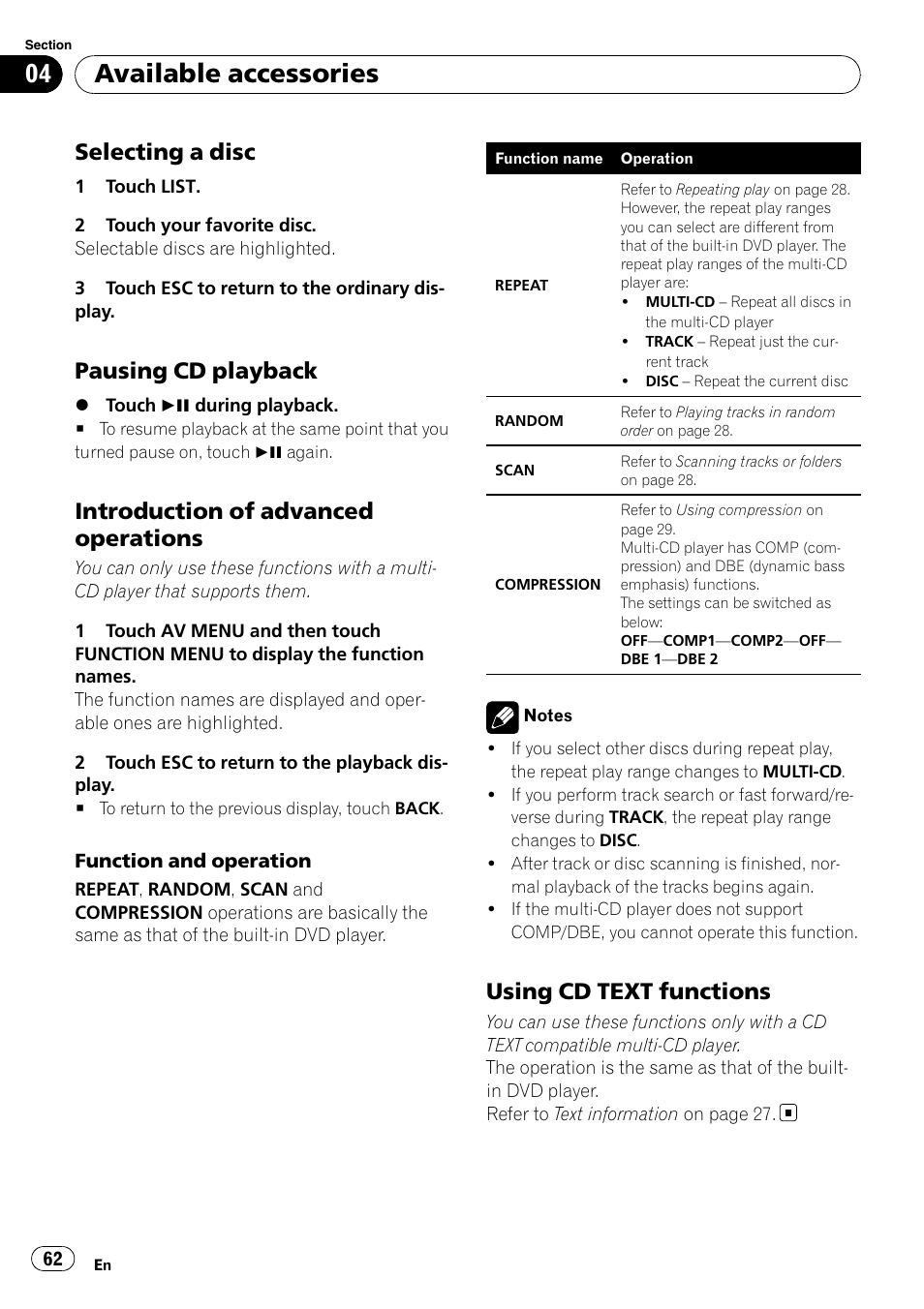 Selecting a disc 62, Pausing cd playback 62, Introduction of advanced | Operations, Using cd text functions 62, Available accessories, Selecting a disc, Pausing cd playback, Introduction of advanced operations, Using cd text functions | Pioneer AVH-P4000DVD User Manual | Page 62 / 96