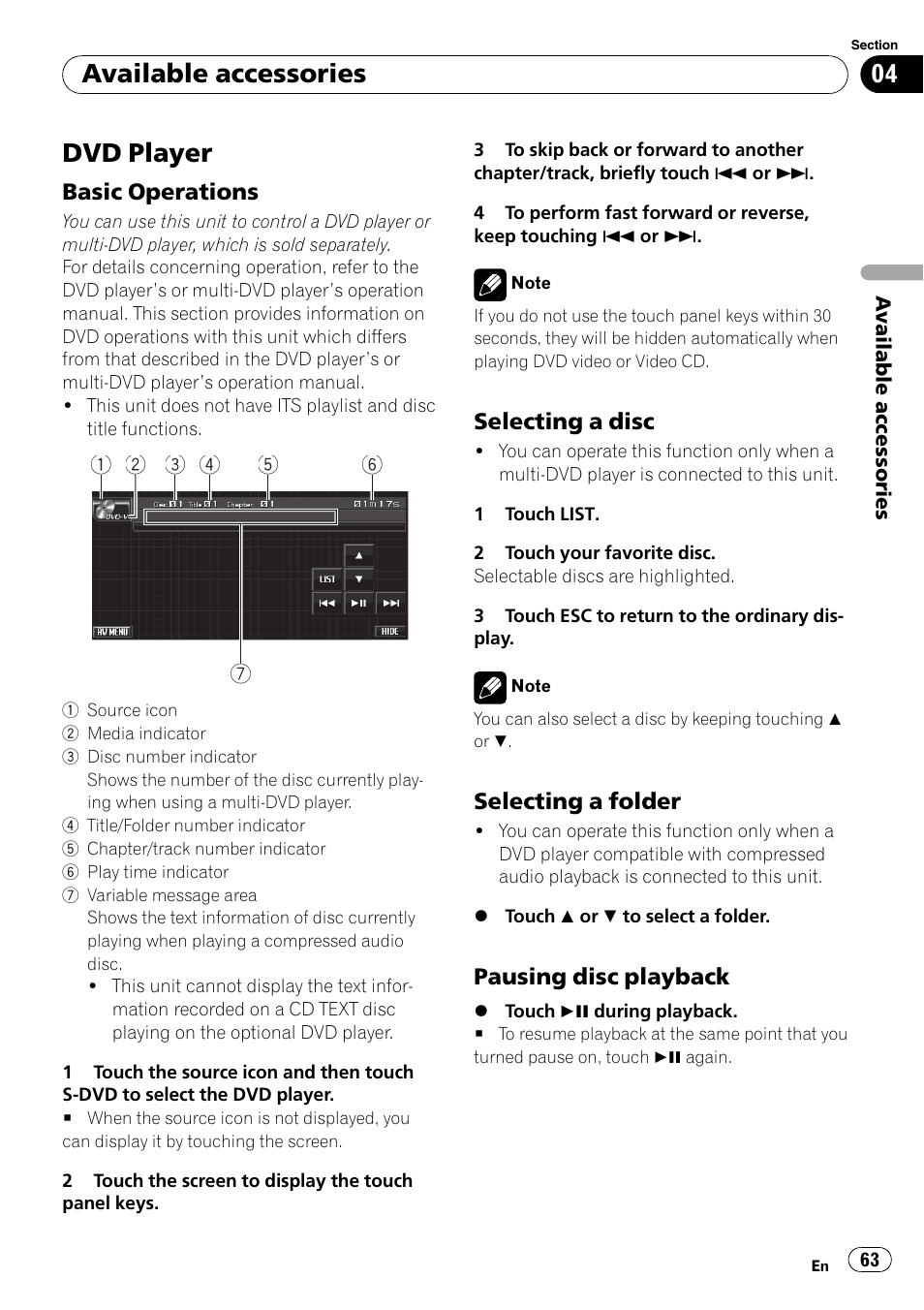 Dvd player, Basic operations 63, Selecting a disc 63 | Selecting a folder 63, Pausing disc playback 63, Available accessories | Pioneer AVH-P4000DVD User Manual | Page 63 / 96