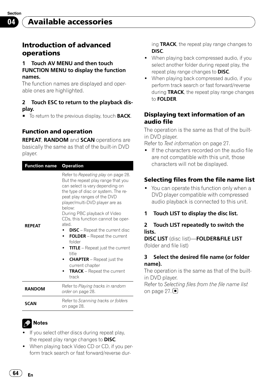 Introduction of advanced, Operations, Available accessories | Introduction of advanced operations | Pioneer AVH-P4000DVD User Manual | Page 64 / 96