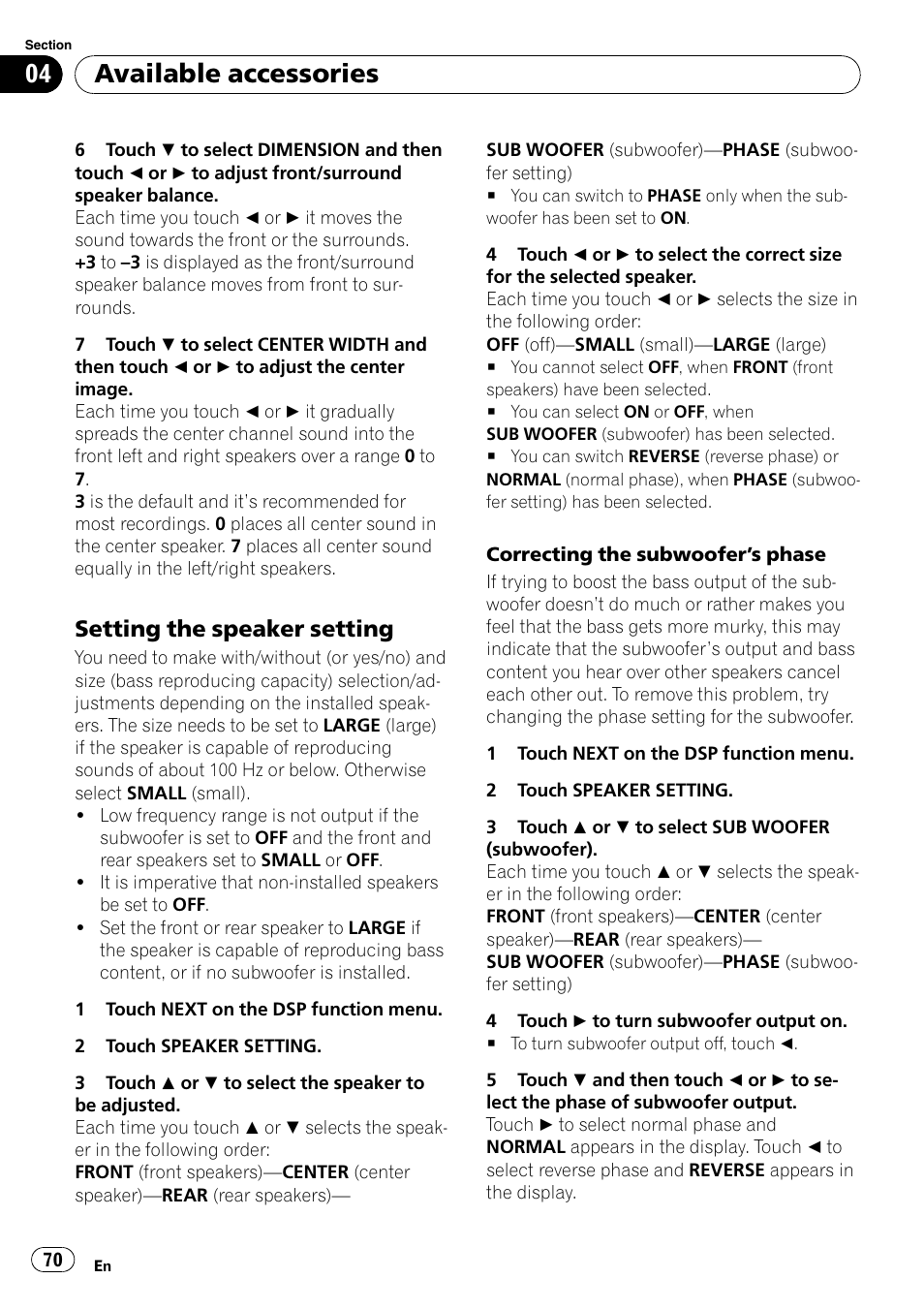 Setting the speaker setting 70, Setting the speaker setting, Available accessories | Pioneer AVH-P4000DVD User Manual | Page 70 / 96