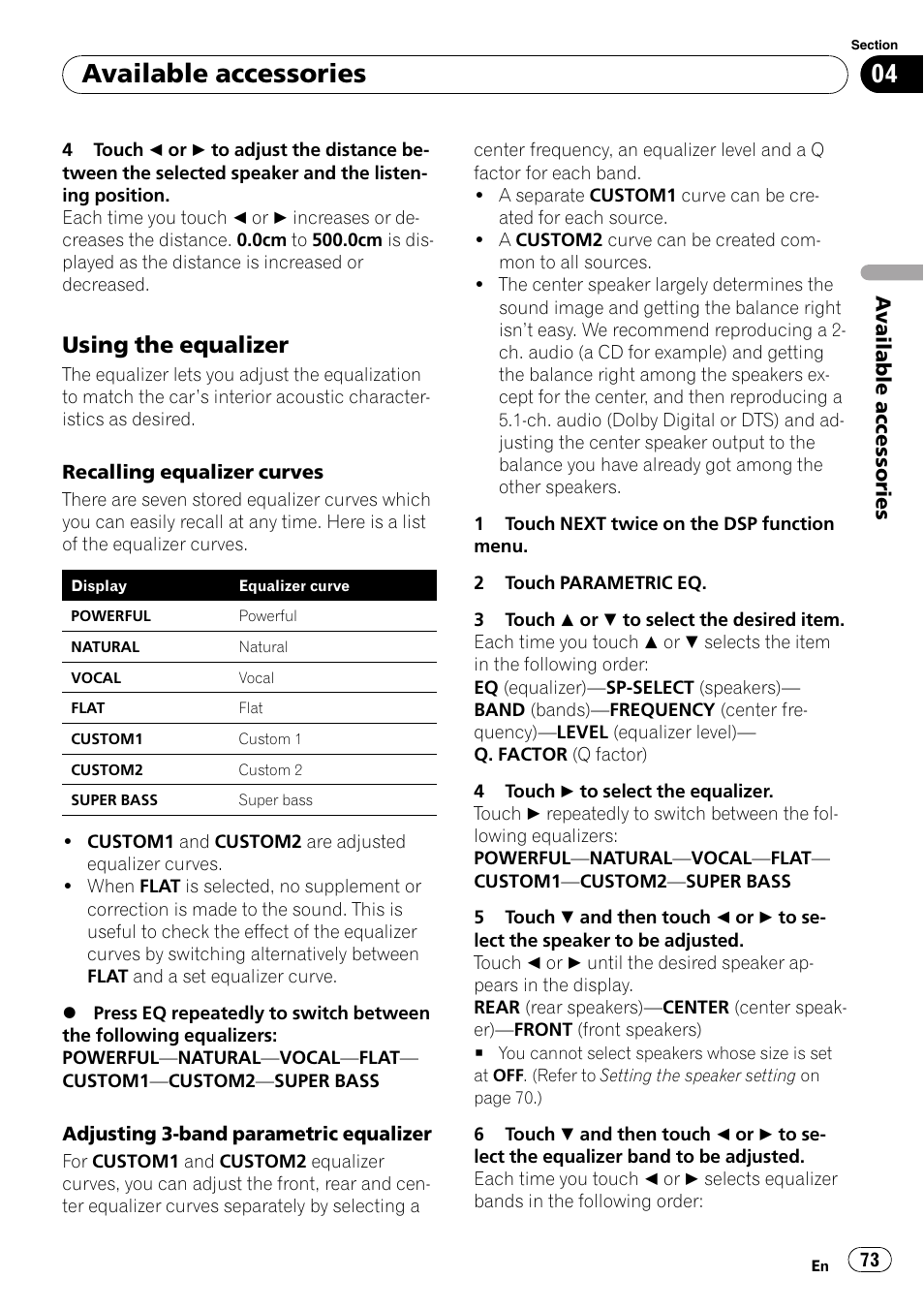 Using the equalizer 73, Adjusting 3-band parametric equalizer, Available accessories | Using the equalizer | Pioneer AVH-P4000DVD User Manual | Page 73 / 96