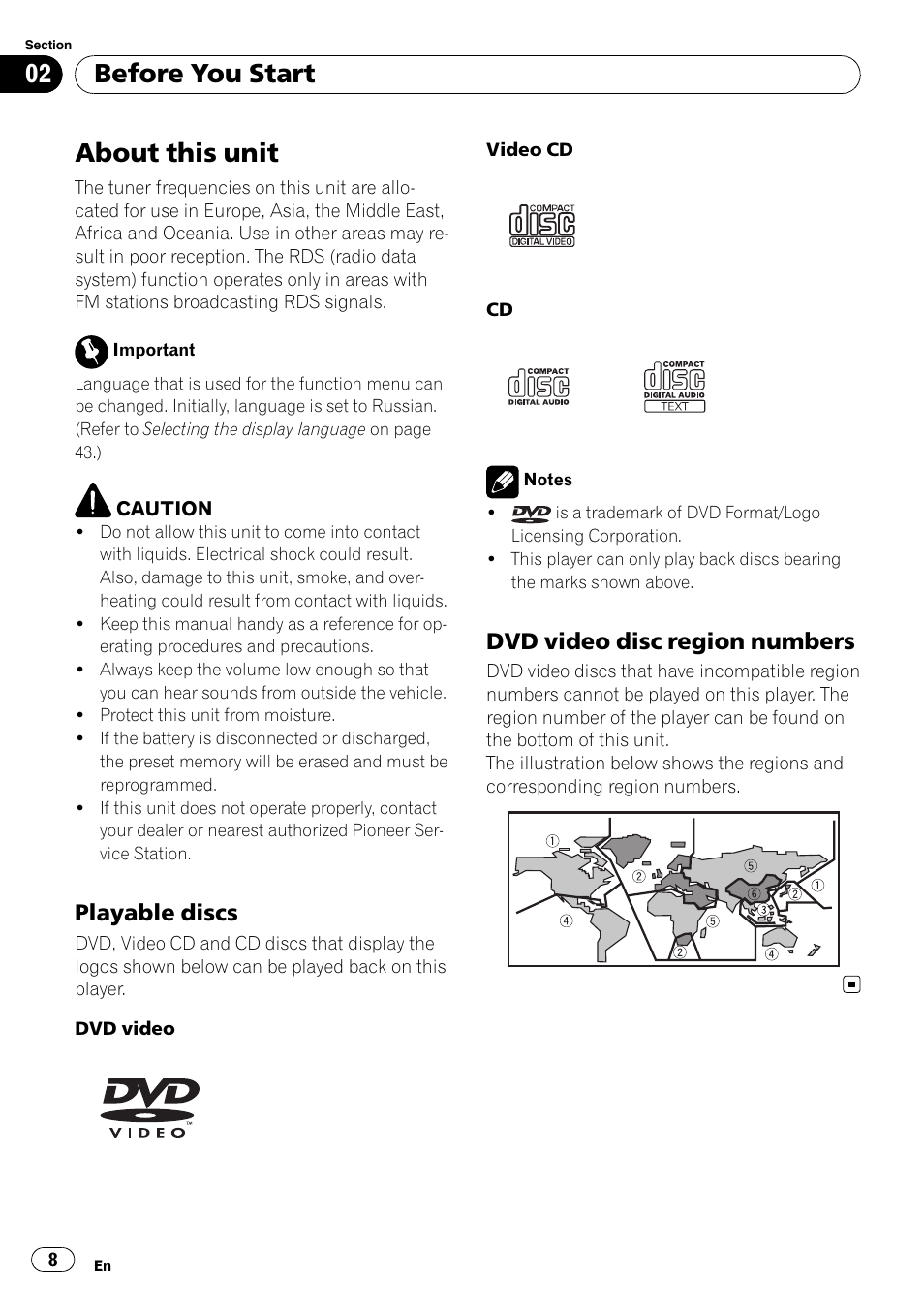 Playable discs 8, Dvd video disc region numbers 8, Before you start about this unit | About this unit, Before you start, Playable discs, Dvd video disc region numbers | Pioneer AVH-P4000DVD User Manual | Page 8 / 96