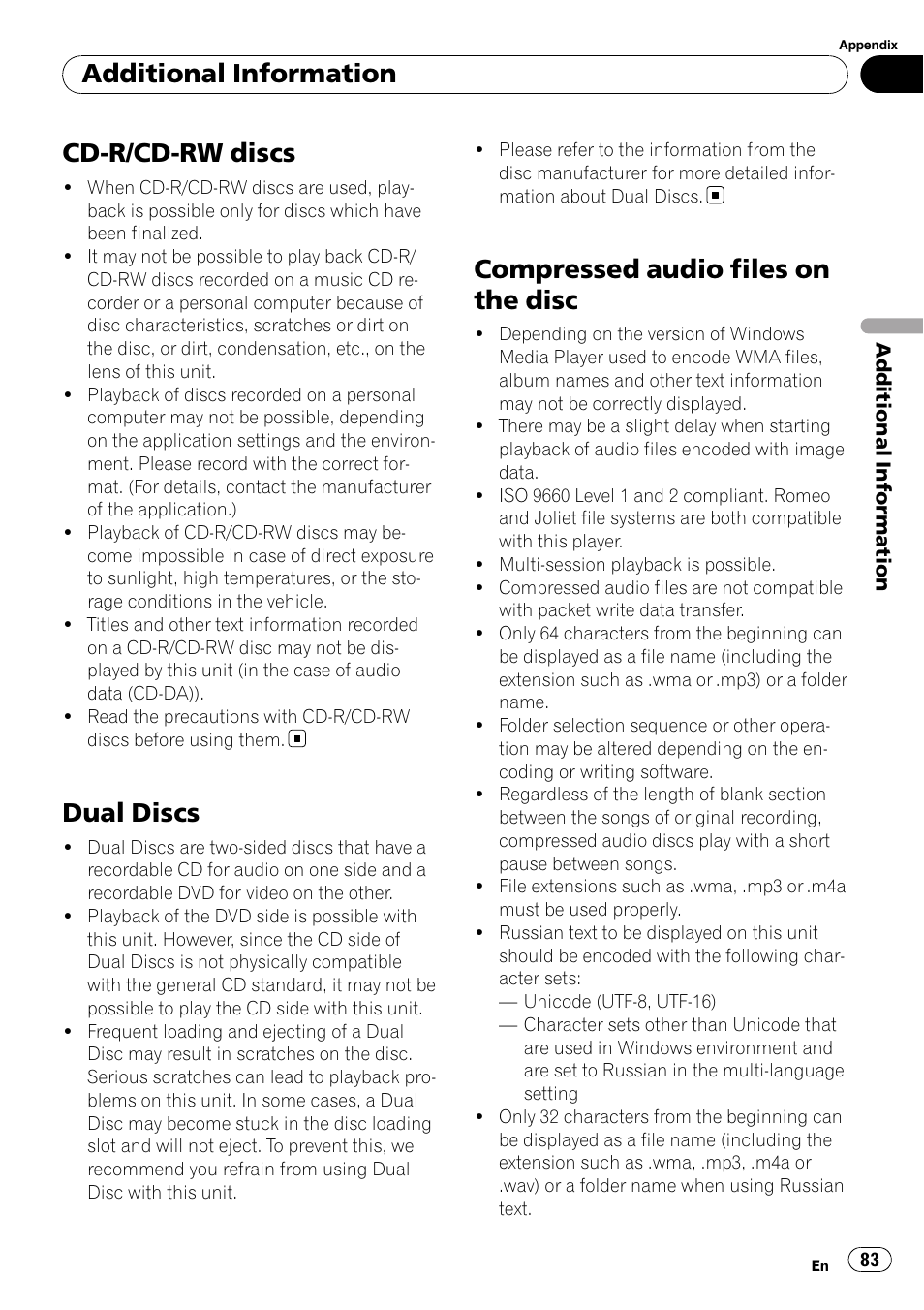 Cd-r/cd-rw discs, Dual discs, Compressed audio files on the disc | Additional information | Pioneer AVH-P4000DVD User Manual | Page 83 / 96
