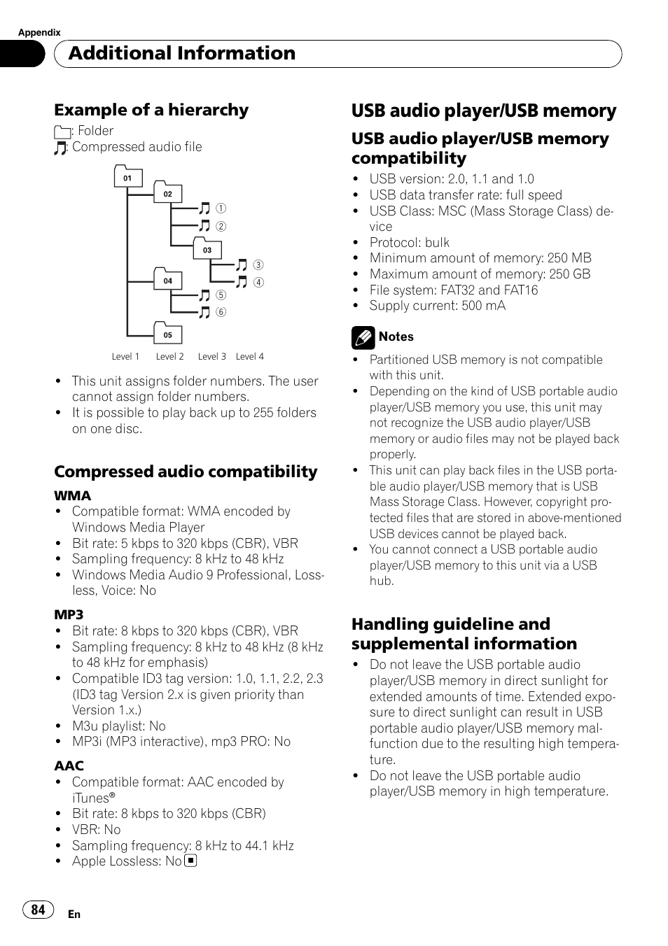 Example of a hierarchy 84, Compressed audio compatibility 84, Usb audio player/usb memory | Compatibility, Handling guideline and supplemental, Information, Additional information, Example of a hierarchy, Compressed audio compatibility, Handling guideline and supplemental information | Pioneer AVH-P4000DVD User Manual | Page 84 / 96