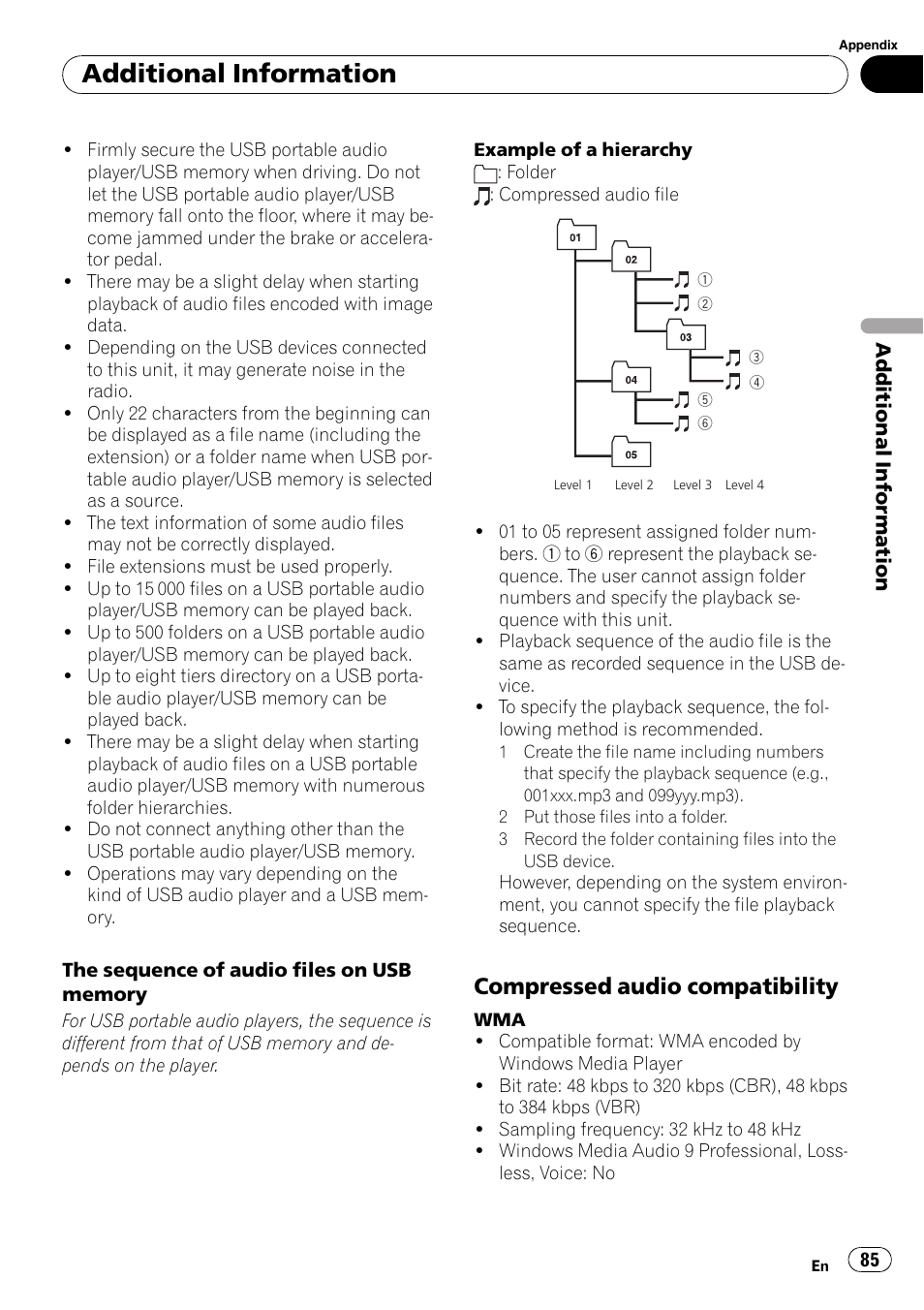 Compressed audio compatibility 85, Additional information, Compressed audio compatibility | Pioneer AVH-P4000DVD User Manual | Page 85 / 96