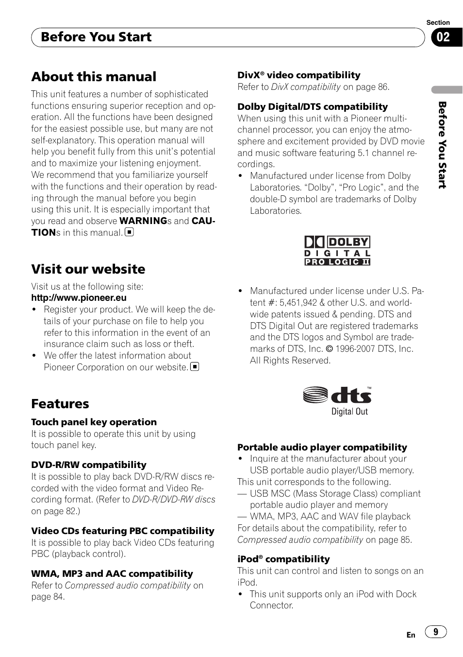 About this manual, Visit our website, Features | Before you start | Pioneer AVH-P4000DVD User Manual | Page 9 / 96