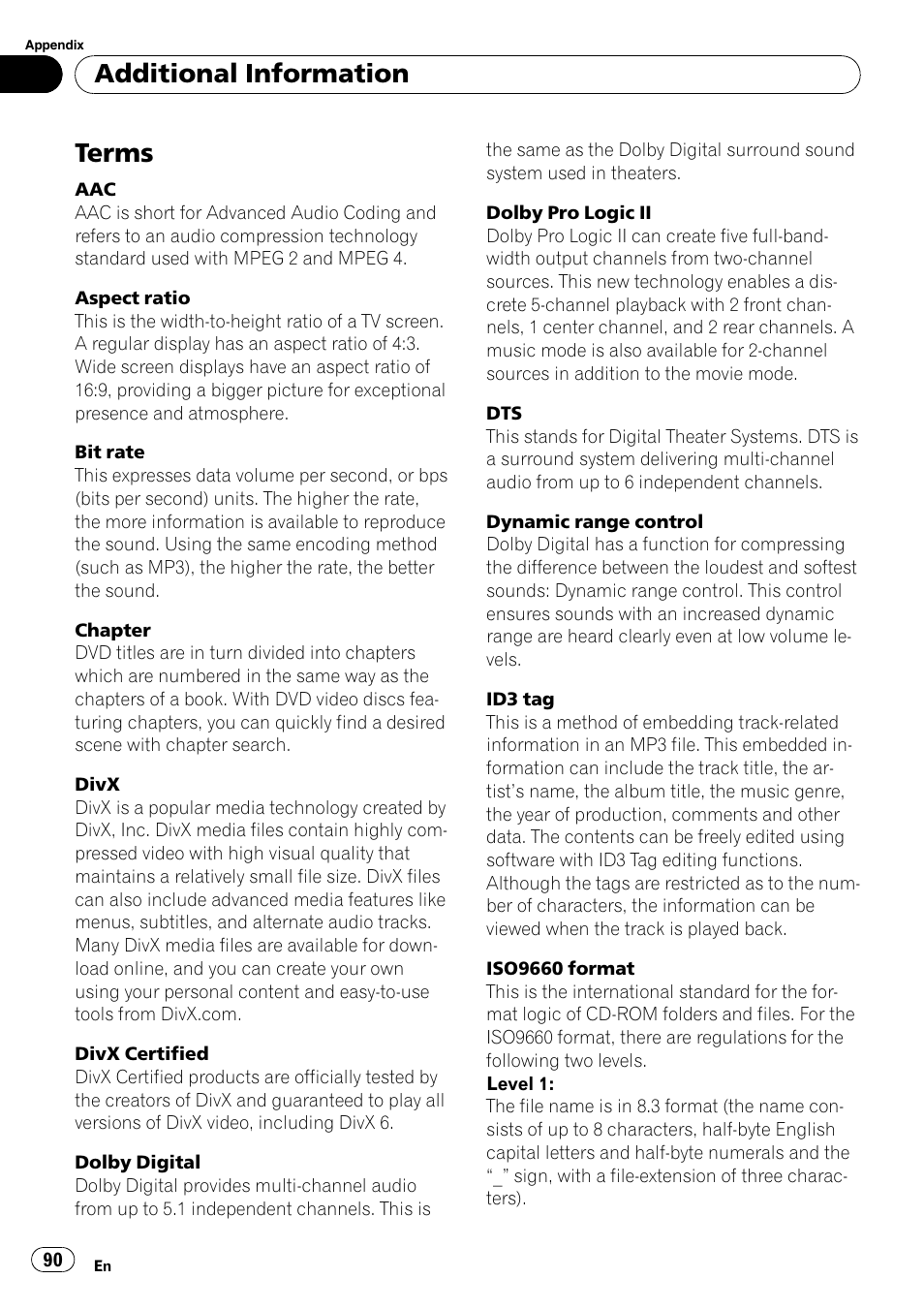 Terms, Additional information | Pioneer AVH-P4000DVD User Manual | Page 90 / 96