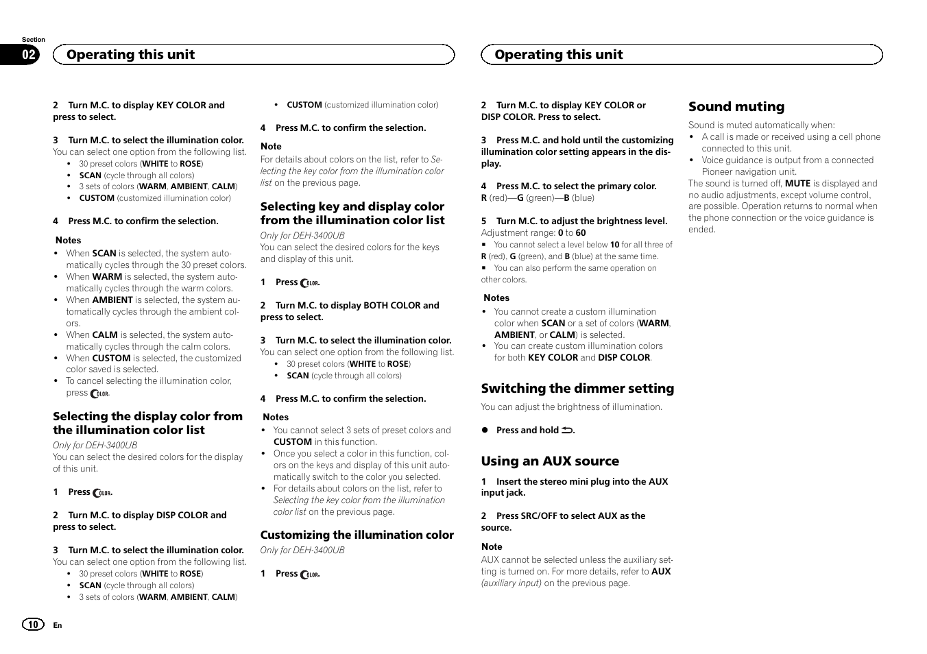 Switching the dimmer setting, Using an aux source, Sound muting | Operating this unit | Pioneer DEH-3400UB User Manual | Page 10 / 132