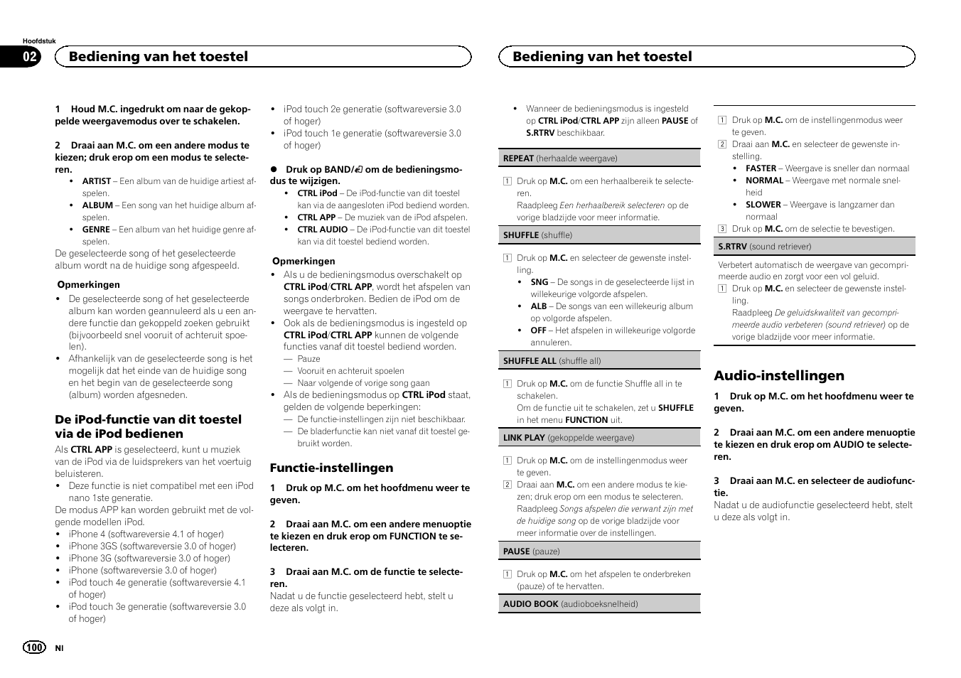 Audio-instellingen, Bediening van het toestel | Pioneer DEH-3400UB User Manual | Page 100 / 132
