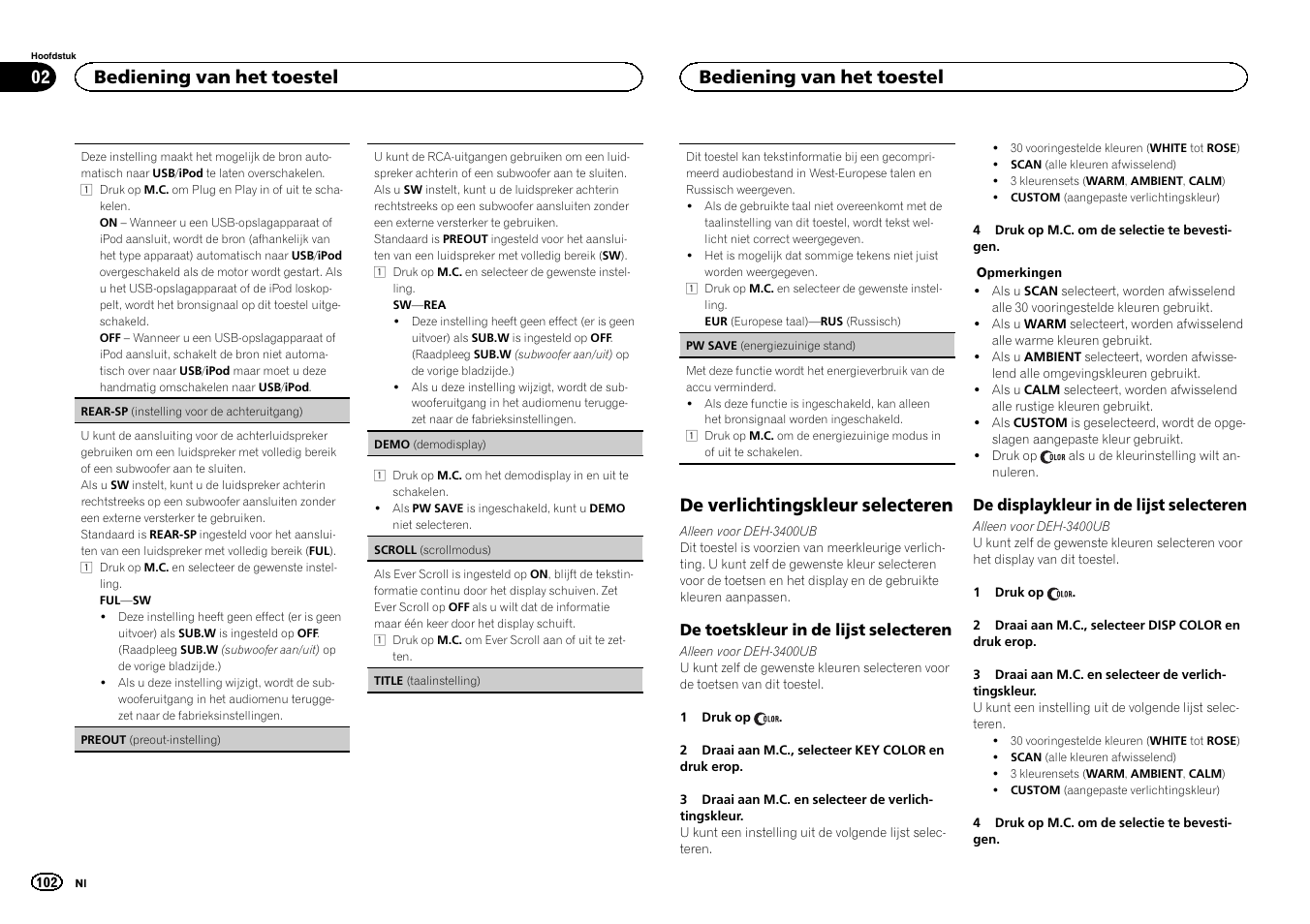 Rear-sp (instelling voor de achter, Uitgang) op de volgende bladzijde, De verlichtingskleur selecteren | Bediening van het toestel | Pioneer DEH-3400UB User Manual | Page 102 / 132
