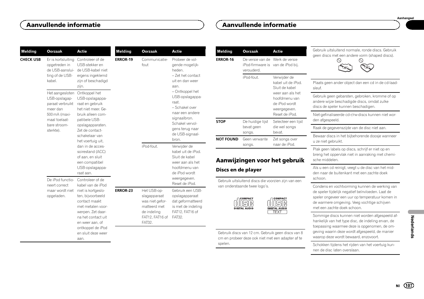 Aanwijzingen voor het gebruik, Aanvullende informatie | Pioneer DEH-3400UB User Manual | Page 107 / 132