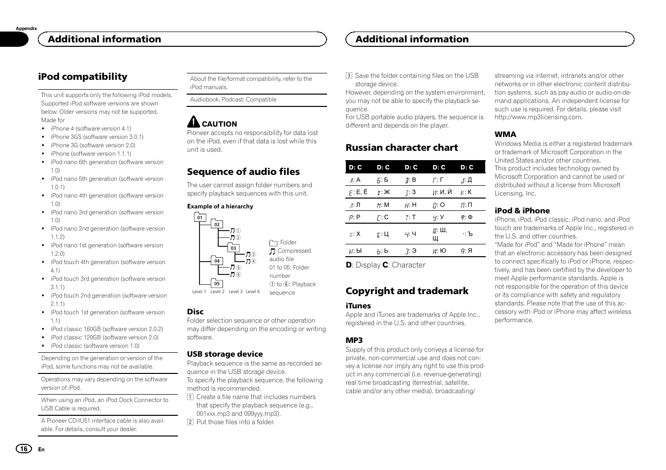 Ipod compatibility, Sequence of audio files, Russian character chart | Copyright and trademark, Additional information | Pioneer DEH-3400UB User Manual | Page 16 / 132