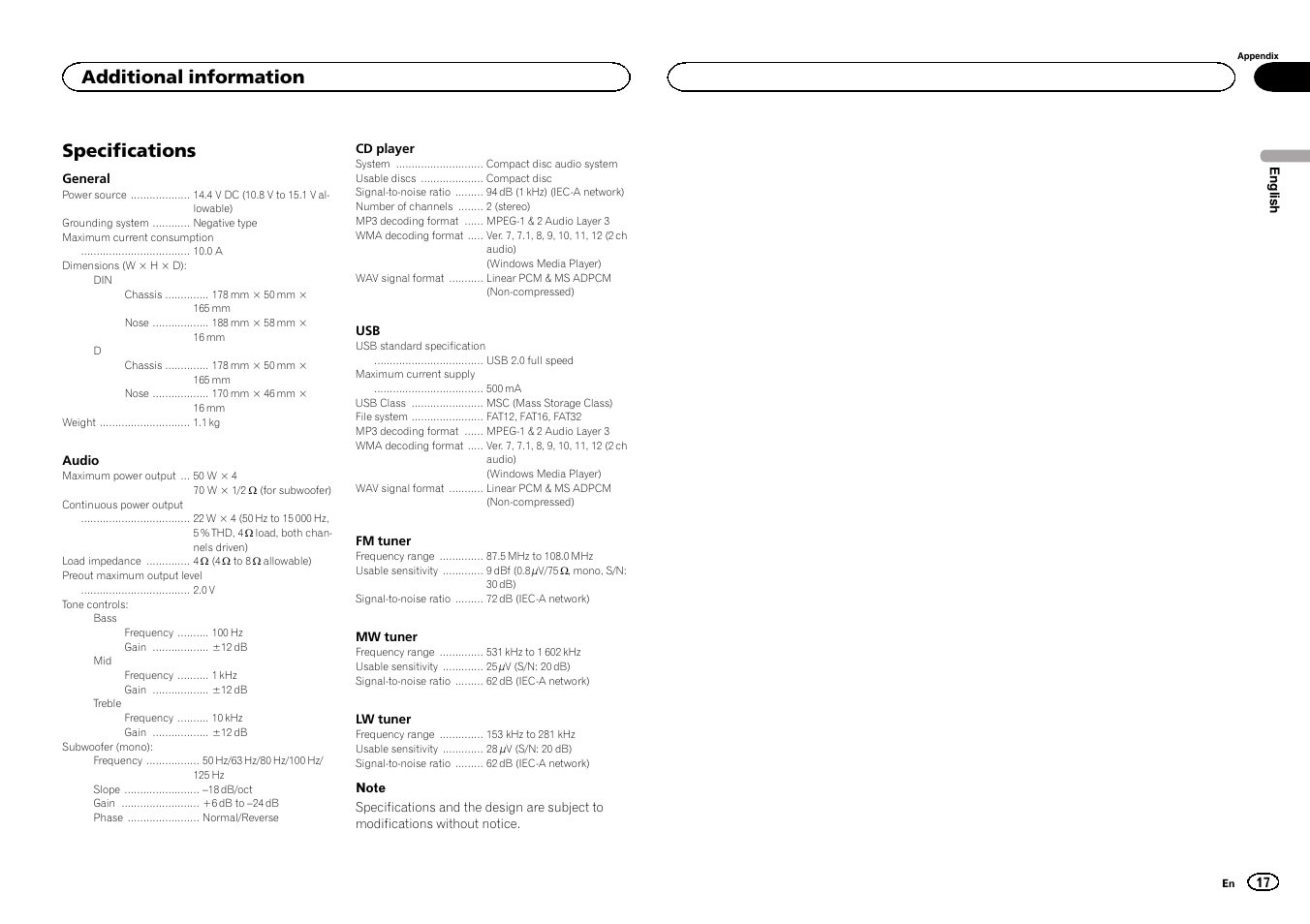 Specifications, Additional information | Pioneer DEH-3400UB User Manual | Page 17 / 132