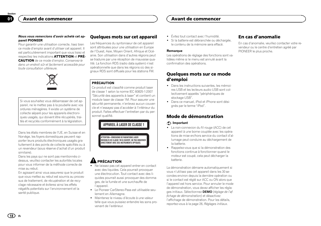 Français, Quelques mots sur cet appareil, Quelques mots sur ce mode d ’emploi | Mode de démonstration, En cas d ’anomalie, Avant de commencer | Pioneer DEH-3400UB User Manual | Page 18 / 132
