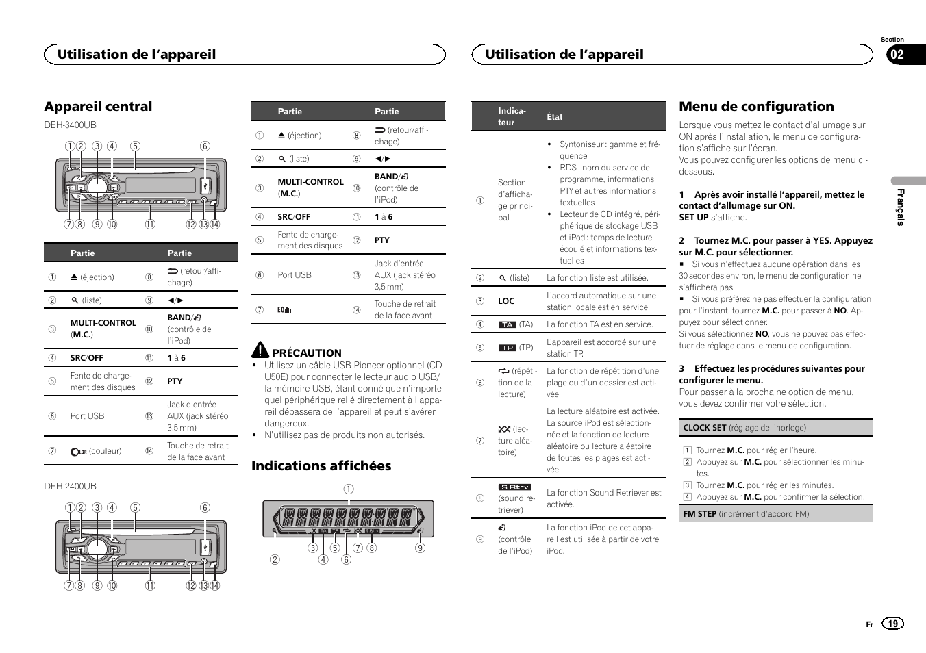 Appareil central, Indications affichées, Menu de configuration | Utilisation de l ’appareil | Pioneer DEH-3400UB User Manual | Page 19 / 132
