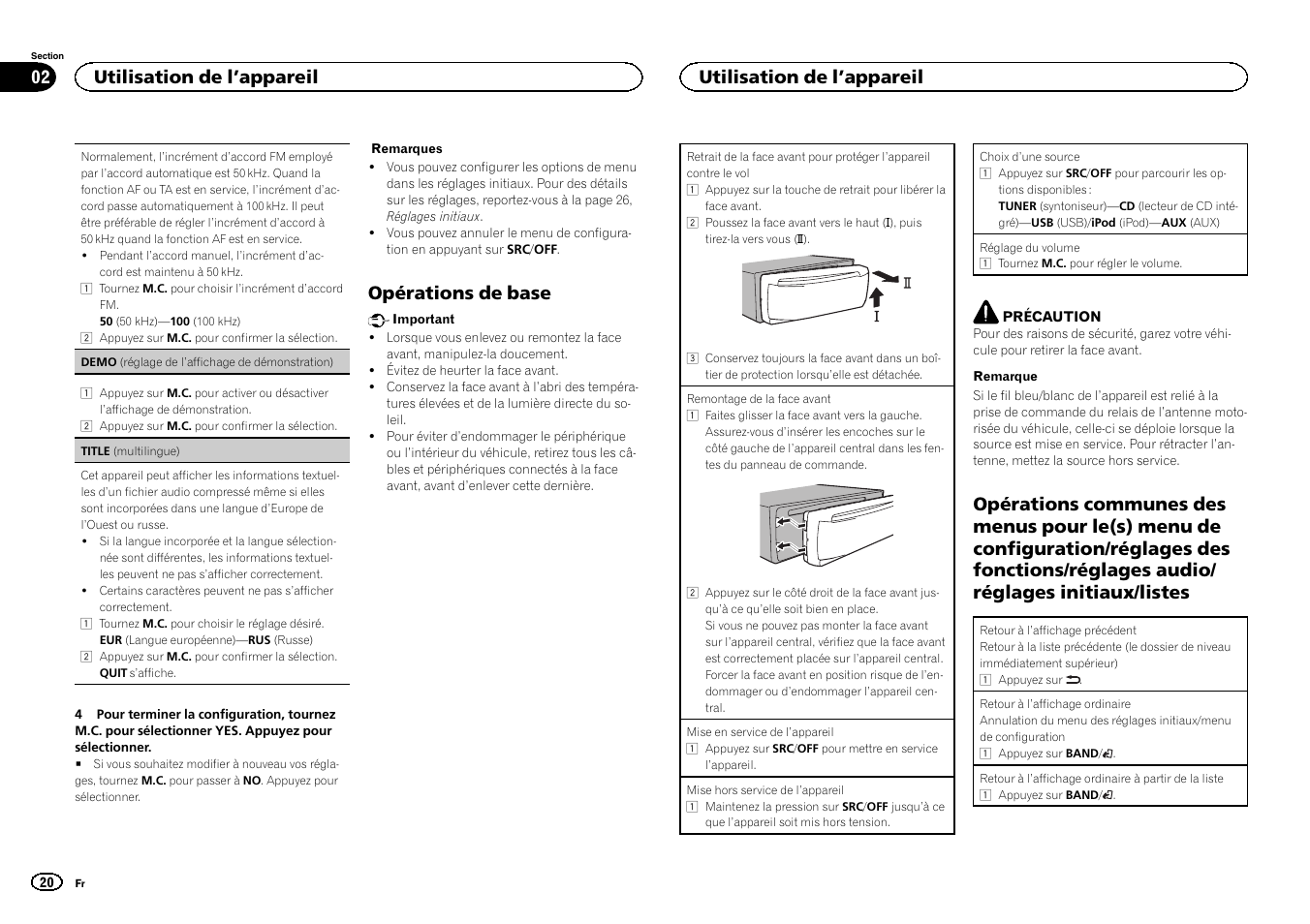 Opérations de base, Utilisation de l ’appareil | Pioneer DEH-3400UB User Manual | Page 20 / 132