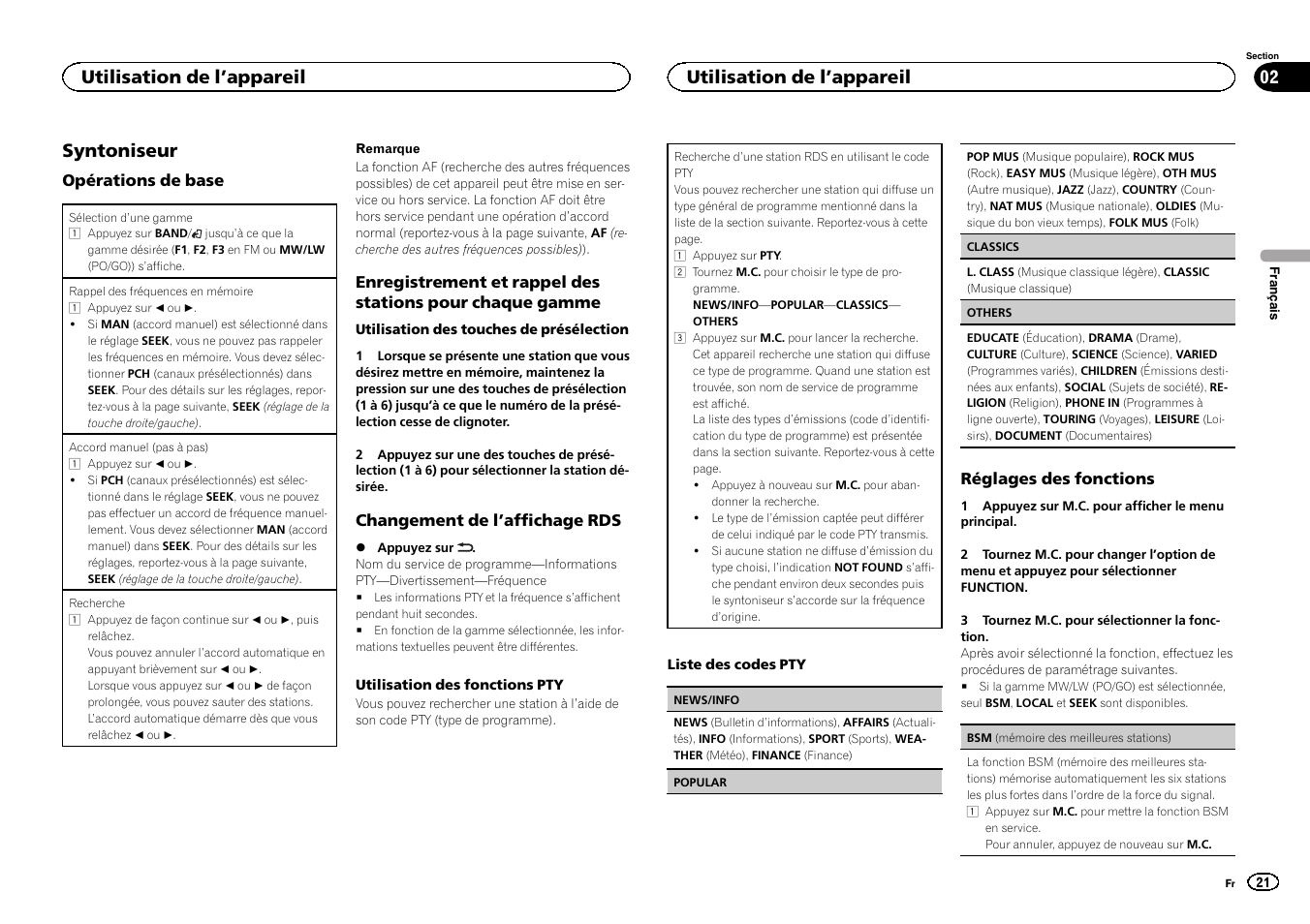Syntoniseur, Utilisation de l ’appareil | Pioneer DEH-3400UB User Manual | Page 21 / 132