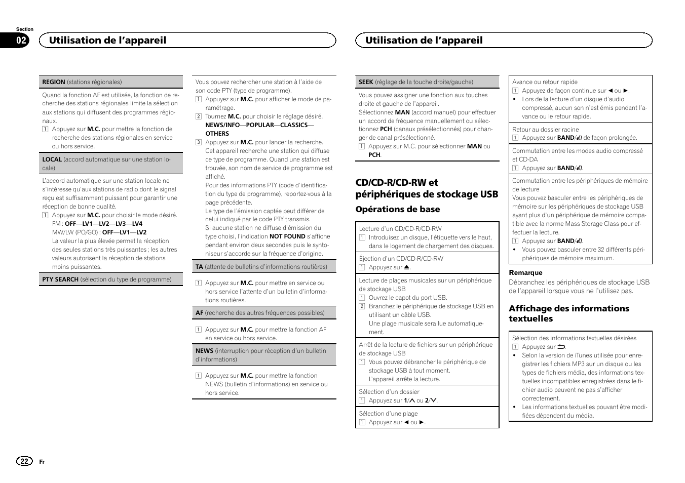 Seek (réglage de la, Touche droite/gauche), Af (re | Cherche des autres fréquences possibles)), Cd/cd-r/cd-rw et périphériques de stockage usb, Utilisation de l ’appareil | Pioneer DEH-3400UB User Manual | Page 22 / 132