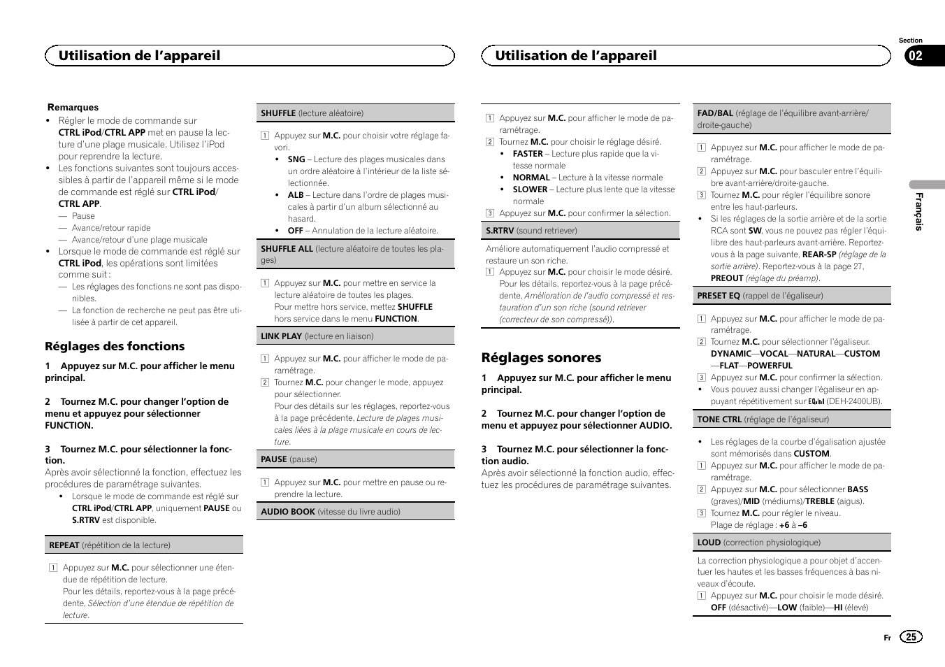 Réglages sonores, Utilisation de l ’appareil | Pioneer DEH-3400UB User Manual | Page 25 / 132