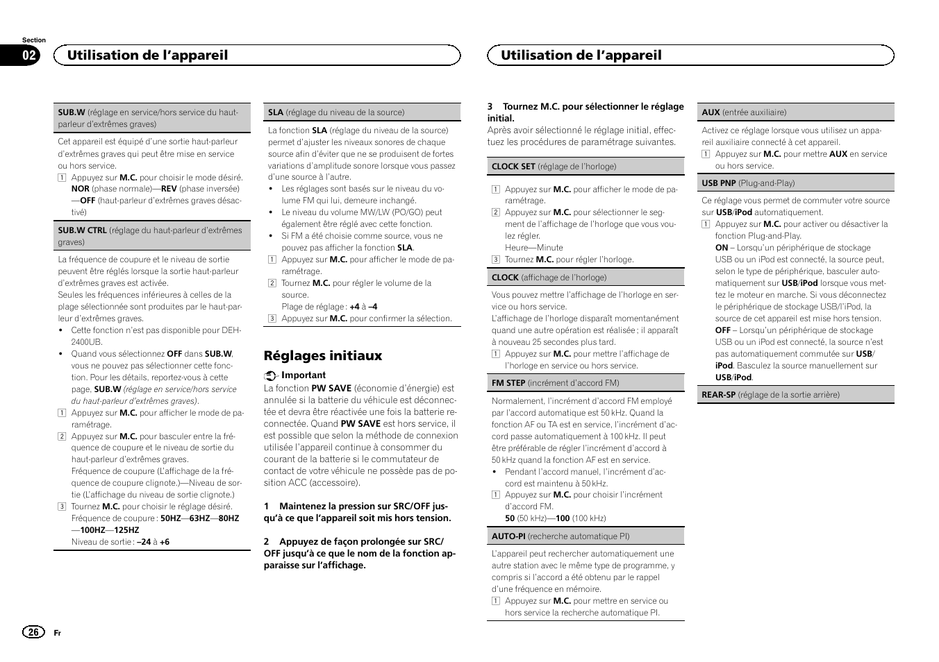 Rear-sp (réglage de la, Sortie arrière), Réglages initiaux | Utilisation de l ’appareil | Pioneer DEH-3400UB User Manual | Page 26 / 132