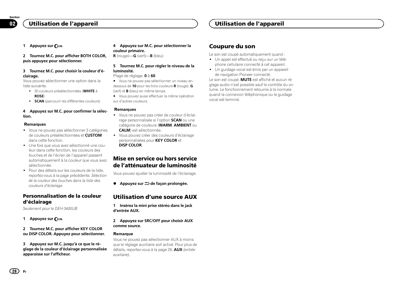Utilisation d ’une source aux, Coupure du son, Utilisation de l ’appareil | Pioneer DEH-3400UB User Manual | Page 28 / 132