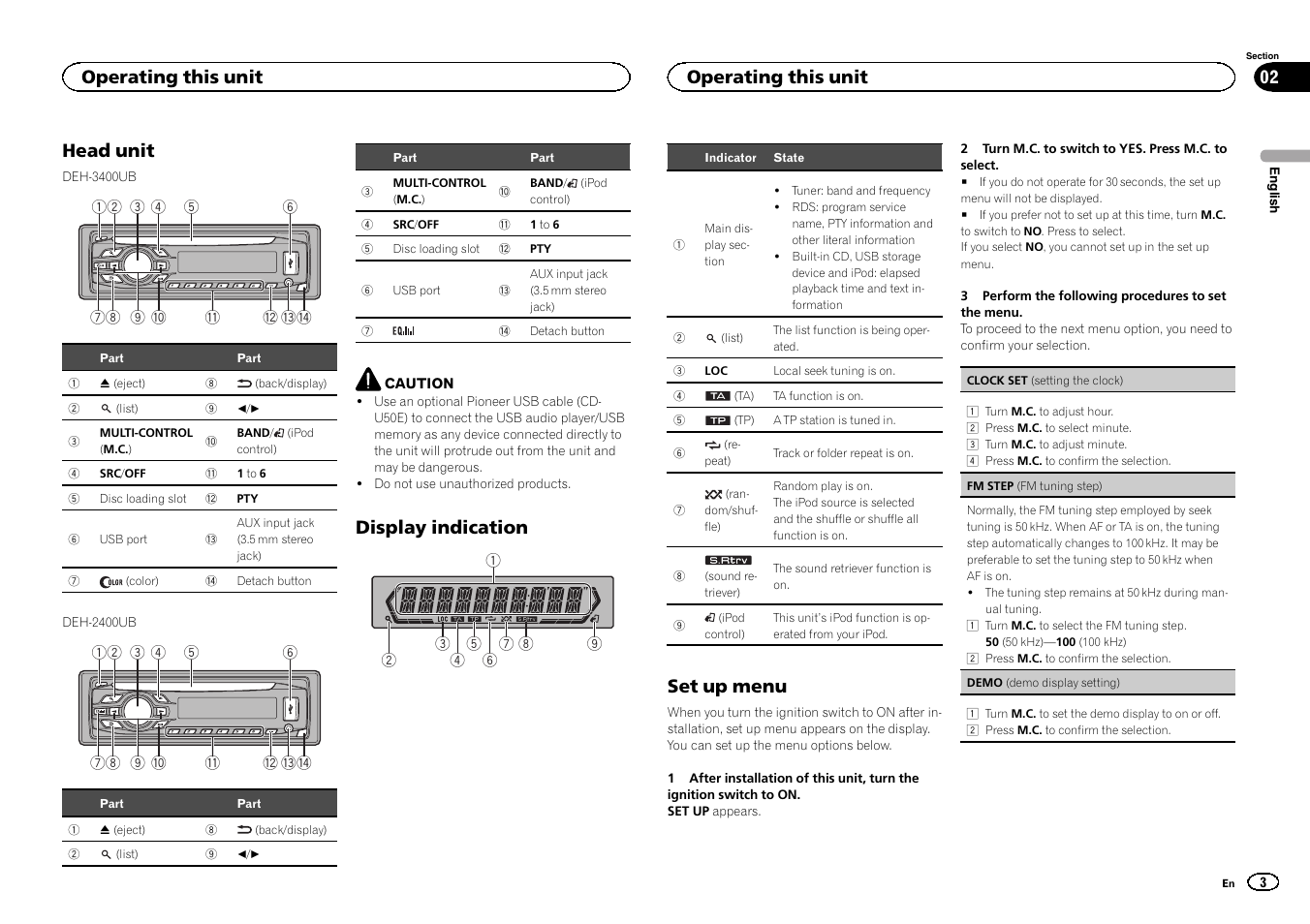 Head unit, Display indication, Set up menu | Operating this unit | Pioneer DEH-3400UB User Manual | Page 3 / 132