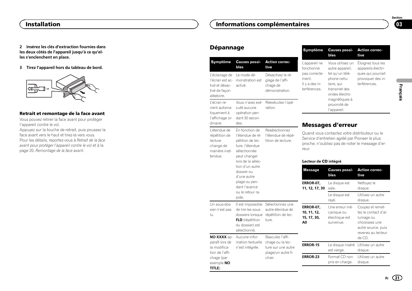 Dépannage, Messages d ’erreur, Installation | Informations complémentaires | Pioneer DEH-3400UB User Manual | Page 31 / 132