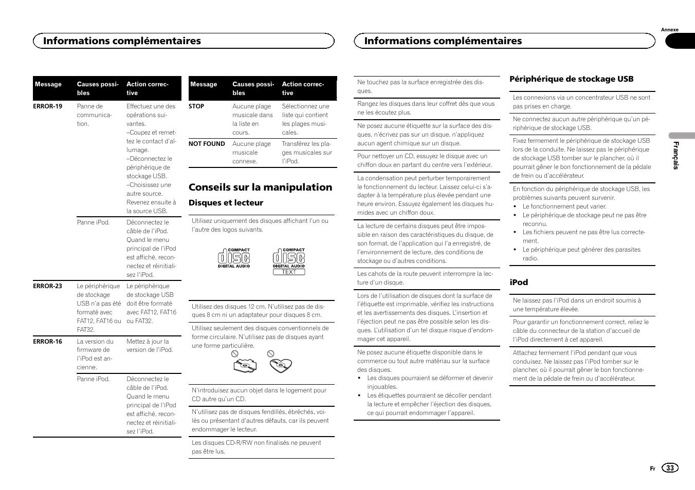 Conseils sur la manipulation, Informations complémentaires | Pioneer DEH-3400UB User Manual | Page 33 / 132