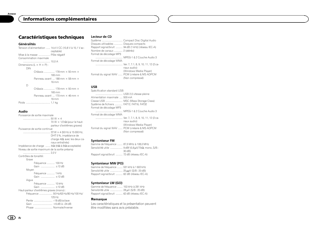 Caractéristiques techniques, Informations complémentaires | Pioneer DEH-3400UB User Manual | Page 36 / 132