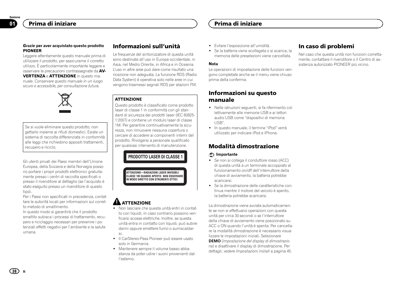 Italiano, Informazioni sull ’unità, Informazioni su questo manuale | Modalità dimostrazione, Prima di iniziare | Pioneer DEH-3400UB User Manual | Page 38 / 132