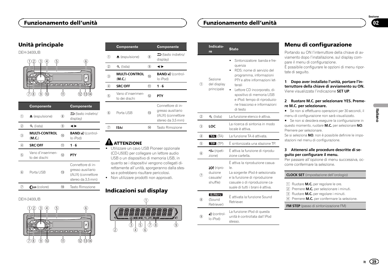 Unità principale, Indicazioni sul display, Menu di configurazione | Funzionamento dell ’unità | Pioneer DEH-3400UB User Manual | Page 39 / 132