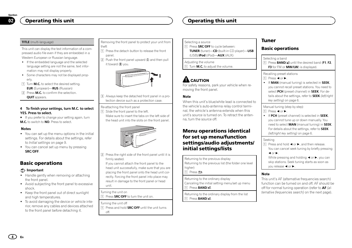 Basic operations, Tuner, Operating this unit | Pioneer DEH-3400UB User Manual | Page 4 / 132