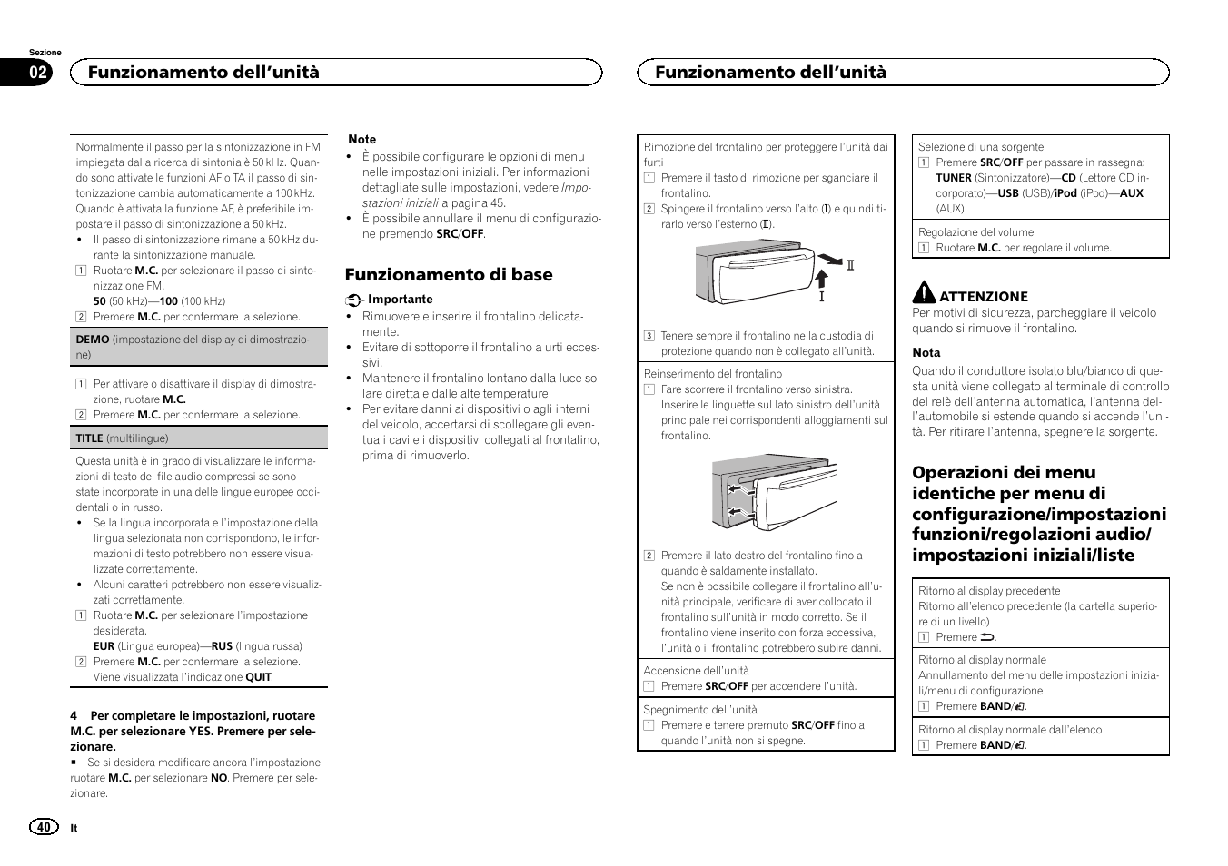 Funzionamento di base, Funzionamento dell ’unità | Pioneer DEH-3400UB User Manual | Page 40 / 132