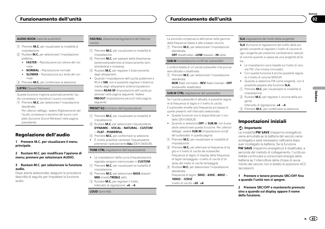 Regolazione dell ’audio, Impostazioni iniziali, Funzionamento dell ’unità | Pioneer DEH-3400UB User Manual | Page 45 / 132