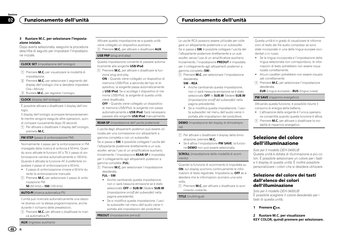 Rear-sp (impostazione dell, Uscita po, Selezione del colore dell ’illuminazione | Funzionamento dell ’unità | Pioneer DEH-3400UB User Manual | Page 46 / 132