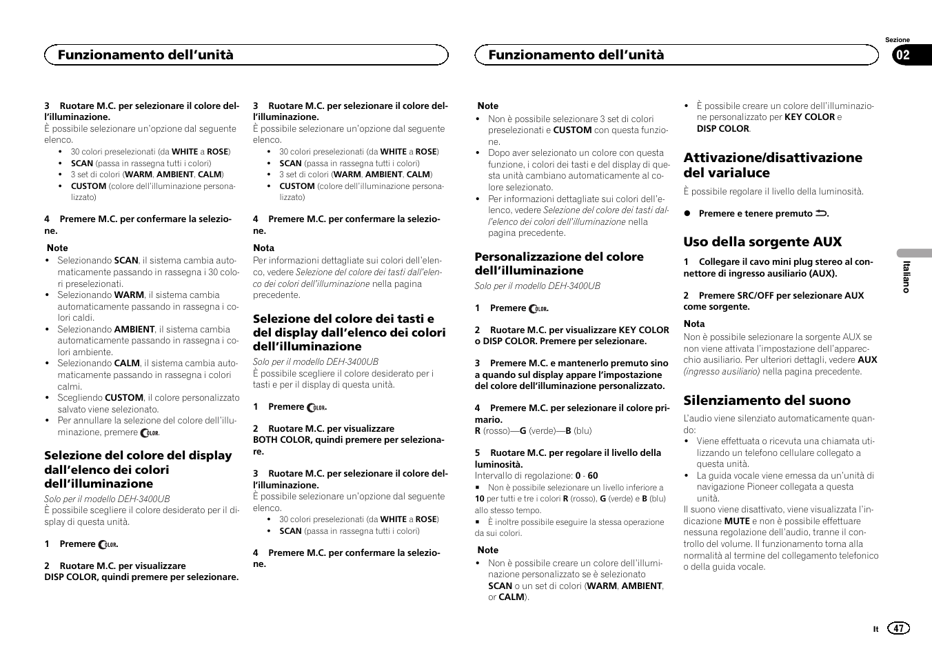 Attivazione/disattivazione del varialuce, Uso della sorgente aux, Silenziamento del suono | Funzionamento dell ’unità | Pioneer DEH-3400UB User Manual | Page 47 / 132